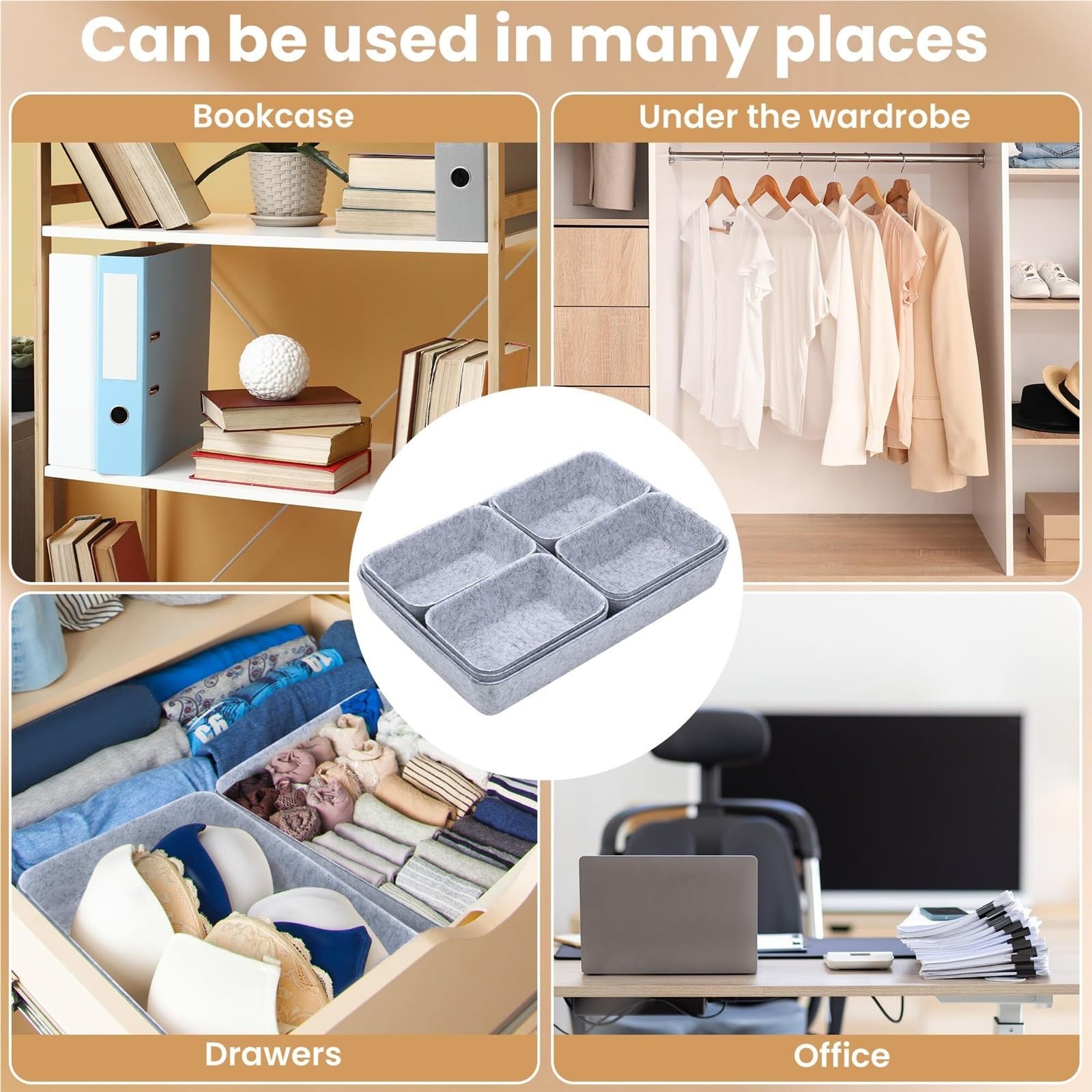 Set mit 7 schwarzen Filz-Schubladen-Organizern – stilvolle Aufbewahrungskörbe für Schlafzimmer, Büro, Kinderzimmer und Schrank – vielseitige platzsparende Lösungen für übersichtliche Organisation