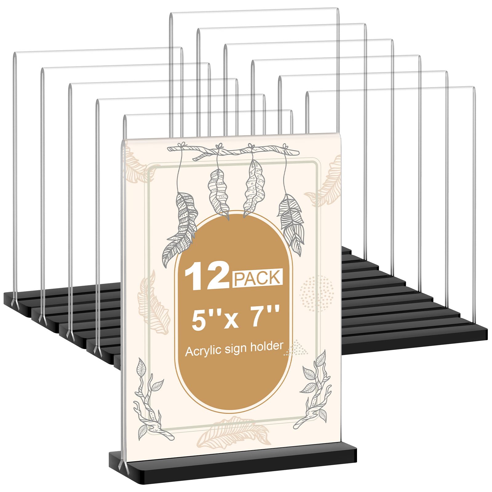 Acrylic Sign Holder 5x7, 12 Pack Double Sided Clear Display Stand with Black Base, T-Shape Table Number Holders, Plastic Picture Frames, Flyer Menu