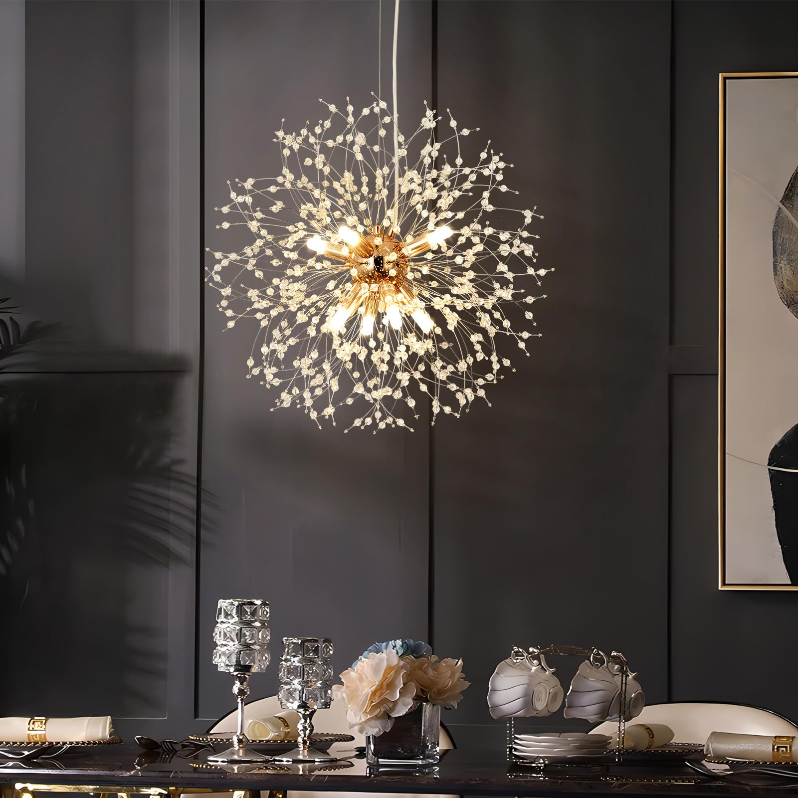 Lampadari moderni a forma di fuochi d'artificio Lampada a sospensione Dandelion, oro 8 luci G9 Lampadari con cristalli Lampada da salotto, camera da letto, sala da pranzo, ingresso, Φ45 cm