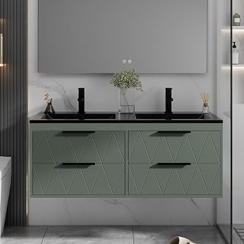 eclife 48" Floating Bathroom Vanity with Sink Combo, Modern Wall-Mounted Vanities Cabinet W/Decor Lines, Soft-Closing Drawers, Double Black Sink, Faucet & Drain, Sage Green