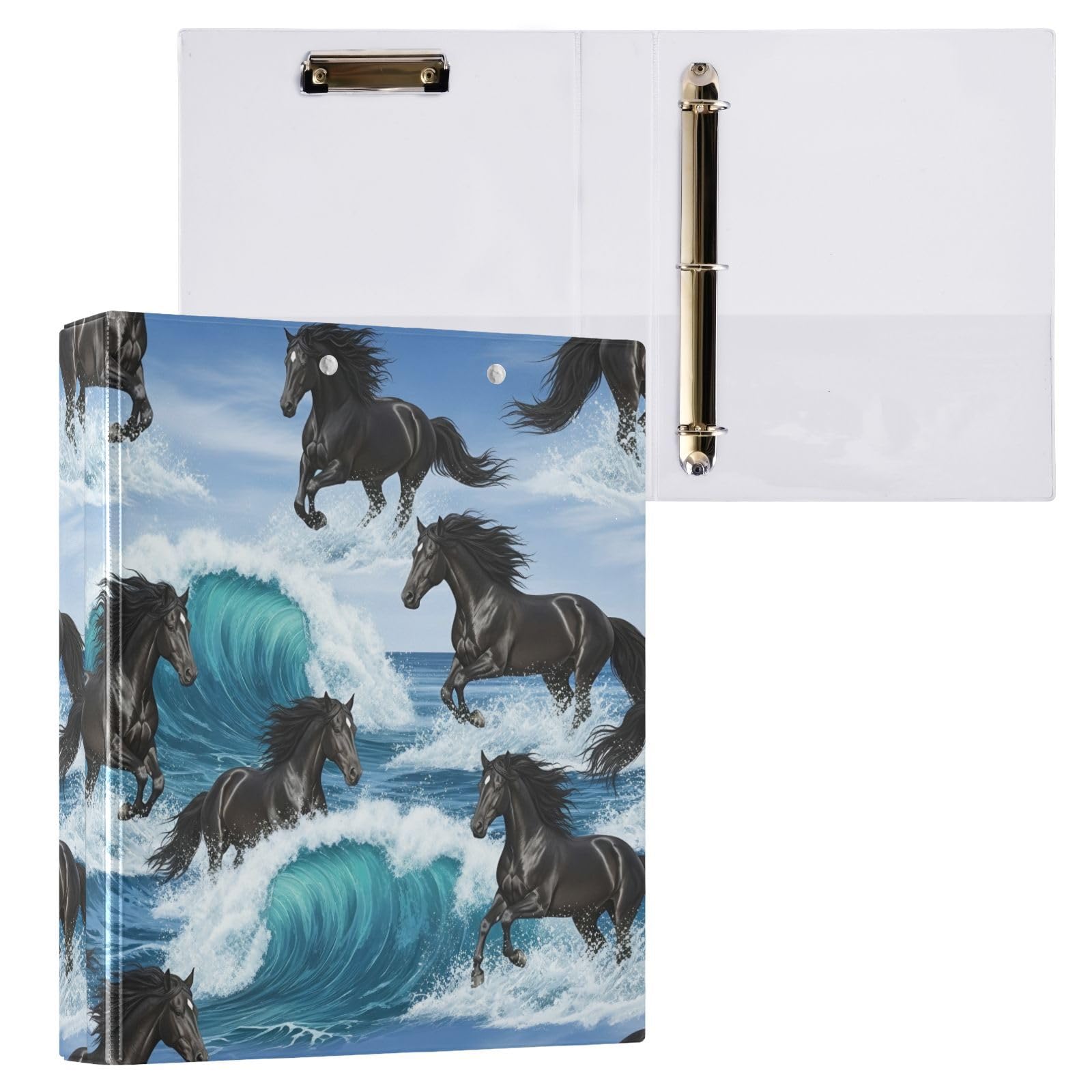 Black Horses Ocean Waves - Raccoglitore a 3 anelli, flessibile, confezione da 2