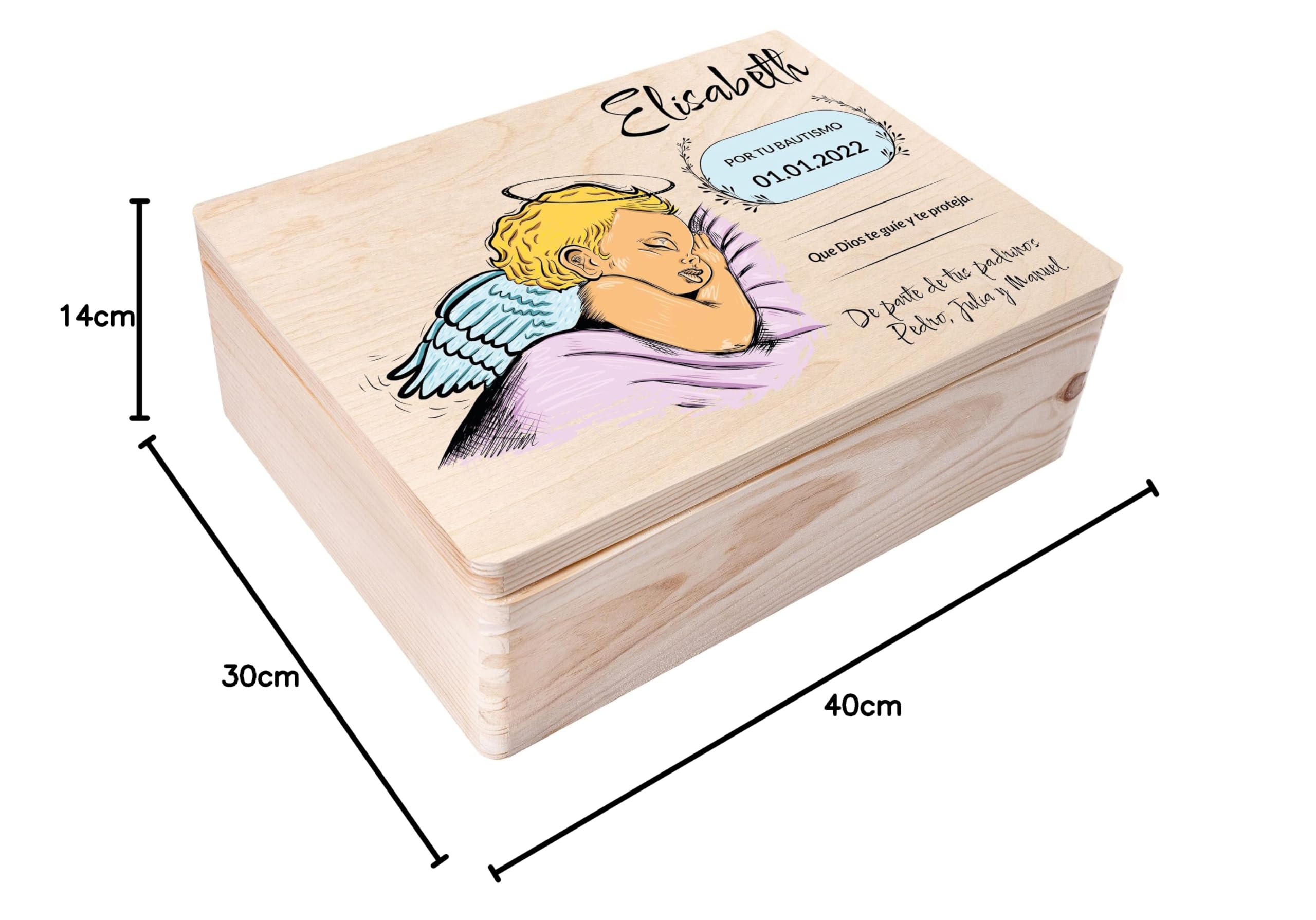 Creative DECO Caja Regalo Personalizada Bautismo para Niños y Niñas | Caja de Memoria de Madera| Personalizado - Ángel | Impreso | Personalizadas para Niño y Niña | Personalizados