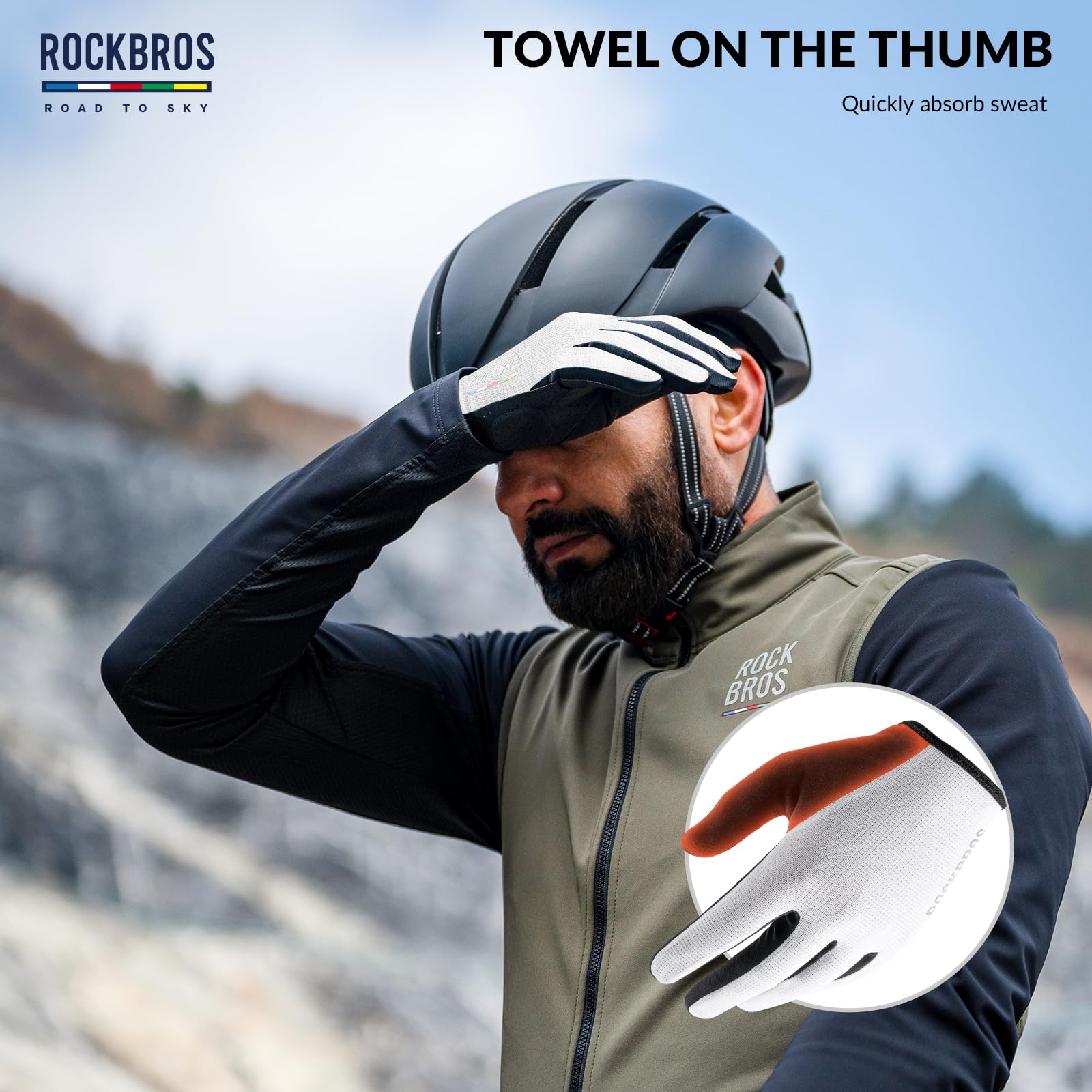 ROCKBROS Road to Sky Guantes Ciclismo Hombre Mujeres Guantes de Bicicleta Pantalla Táctil Guantes Acolchado Antideslizante para Correr Bicicletas Fitness Senderismo
