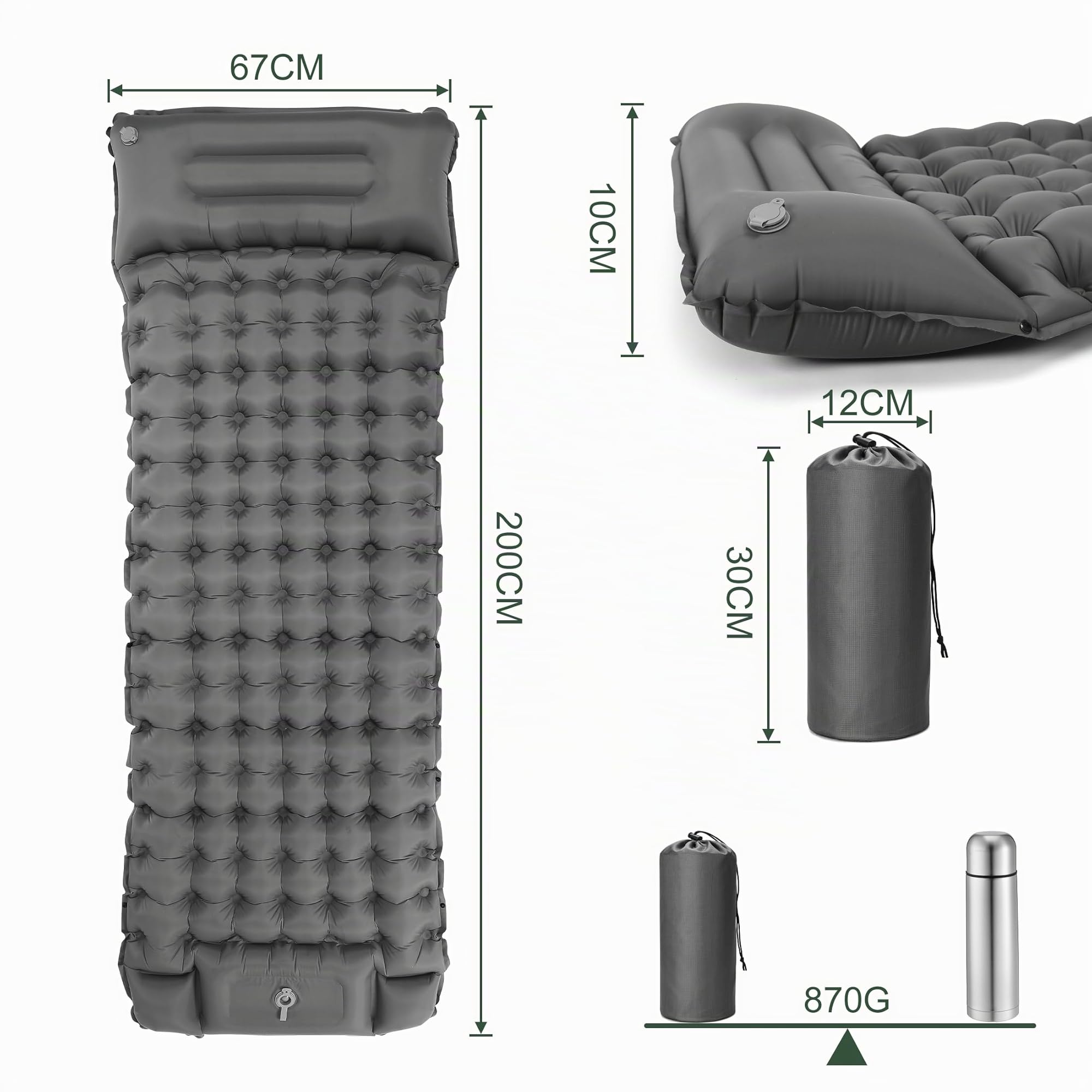 Tapis de Camping Gonflable, Convient pour Le Camping, la Plage, la randonnée, la Pompe à Pied intégrée, Confortable et Facile à Transporter(Couleur Gris)