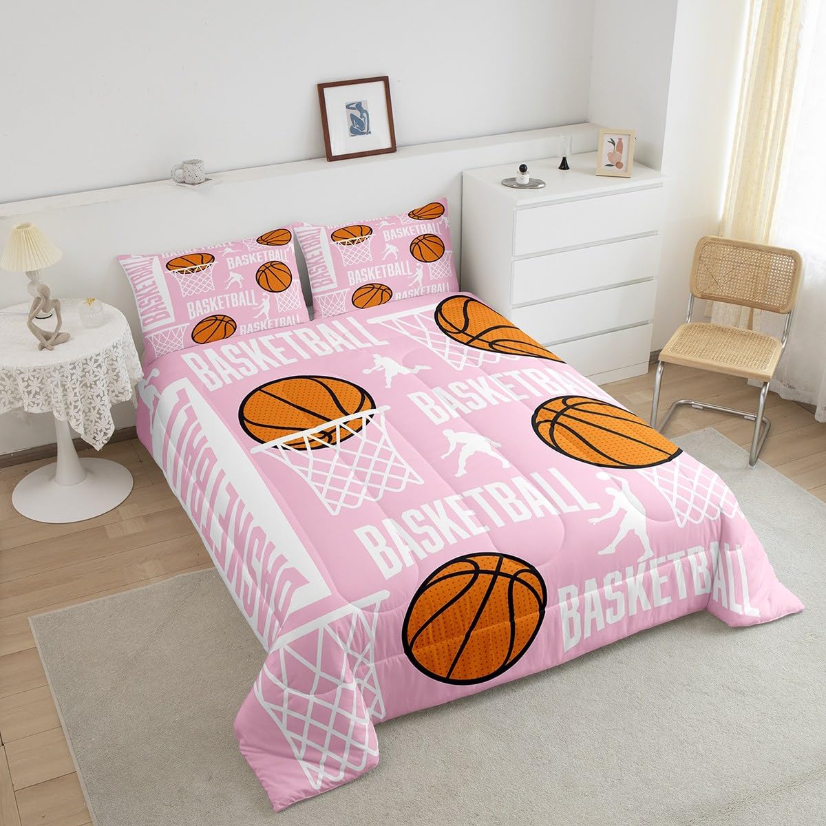 Feelyou Basketball Bedding Set Full Basketball Lover Comforter for Kids Teens Adults Pink Comforter Set Sport Quilt Set Room Decor 3Pcs with 2 Pillow Case