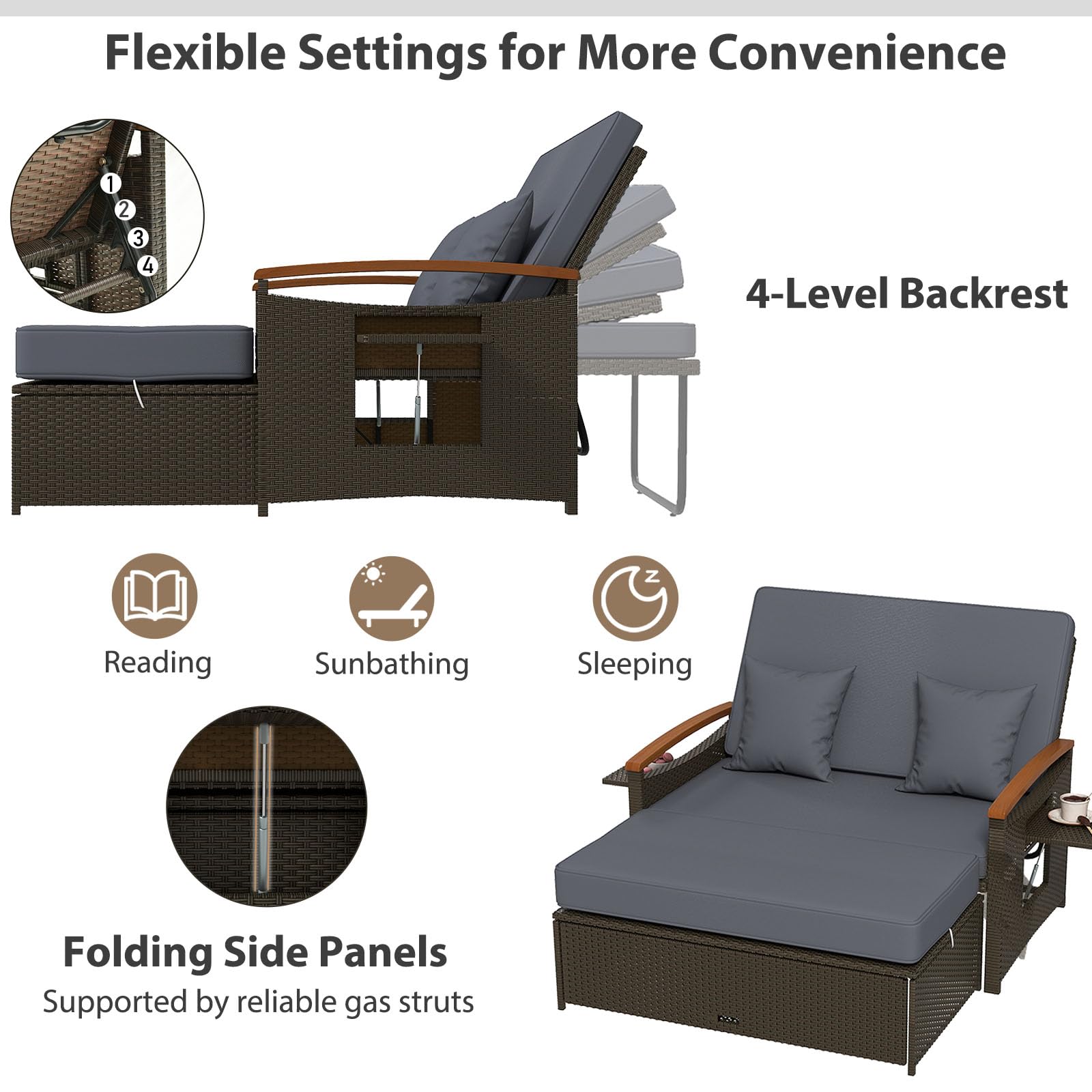 LIFEZEAL Rattan Gartenlounge Set, Lounge Möbel Outdoor, Gartensofa mit Liegefunktion, Outdoor Sofa mit Stauraum, Loungemöbel 2 Personen für Garten, Terrasse & Balkon (Grau+Schwarz)