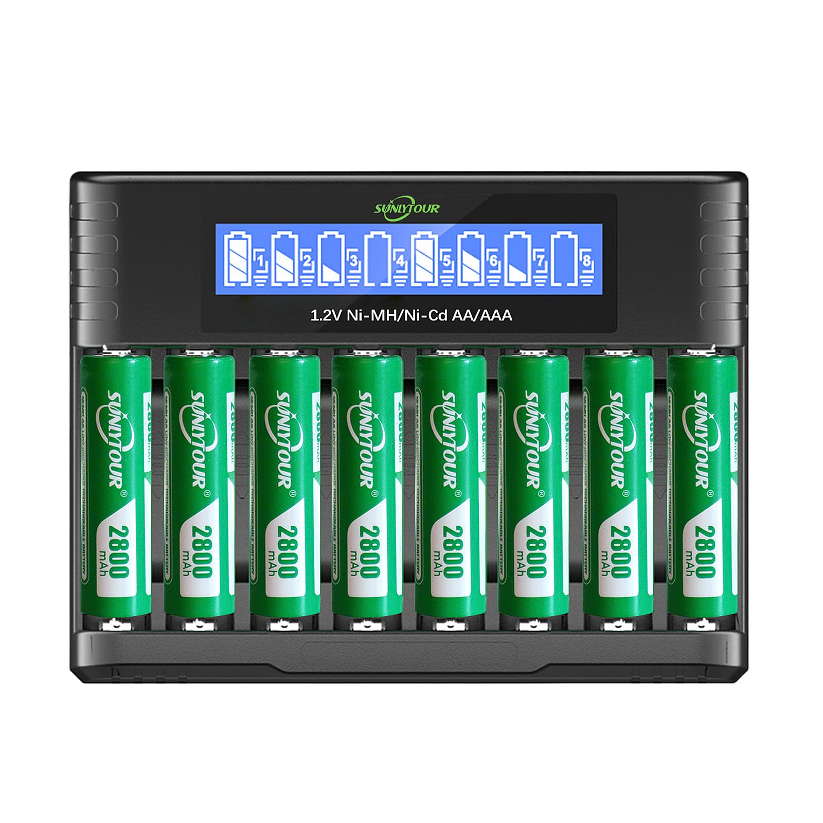 2800mAh Ni-MH AA Batterie avec Chargeur, SUNLYTOUR 8 Piles 2800mAh AA Ni-MH Batterie avec 8 Slots Chargeur de Batterie Jusqu'à 1200 Fois