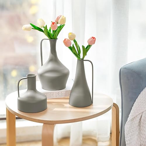 Miniatura 3 de Sziqiqi Centros de mesa decorativos de jarrón azul  Jarrón nórdico de 7.1 pulgadas con asa para flores falsas, jarrón de metal para centro de mesa