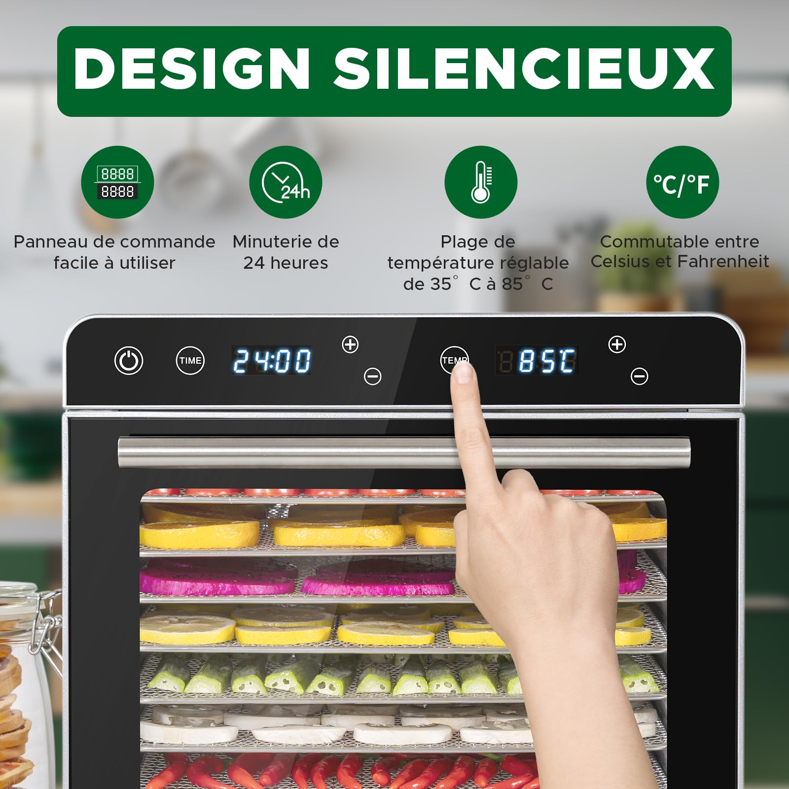 Kwasyo Deshydrateur Alimentaire Avec 8 Plateaux Inox, 700W, Minuteur 24H, 30 à 85°C, Calme Food Dehydrator pour Fruits, Légumes, Viande, Poisson, Herbes et Champignons, Recettes en Anglais, Sans BPA