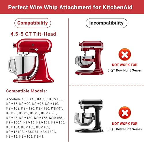Miniatura 4 de Accesorio de látigo de alambre para KitchenAid, accesorios para mezclador KitchenAid de 4.5 a 5 cuartos de galón, repuesto K45WW, reemplazo de
