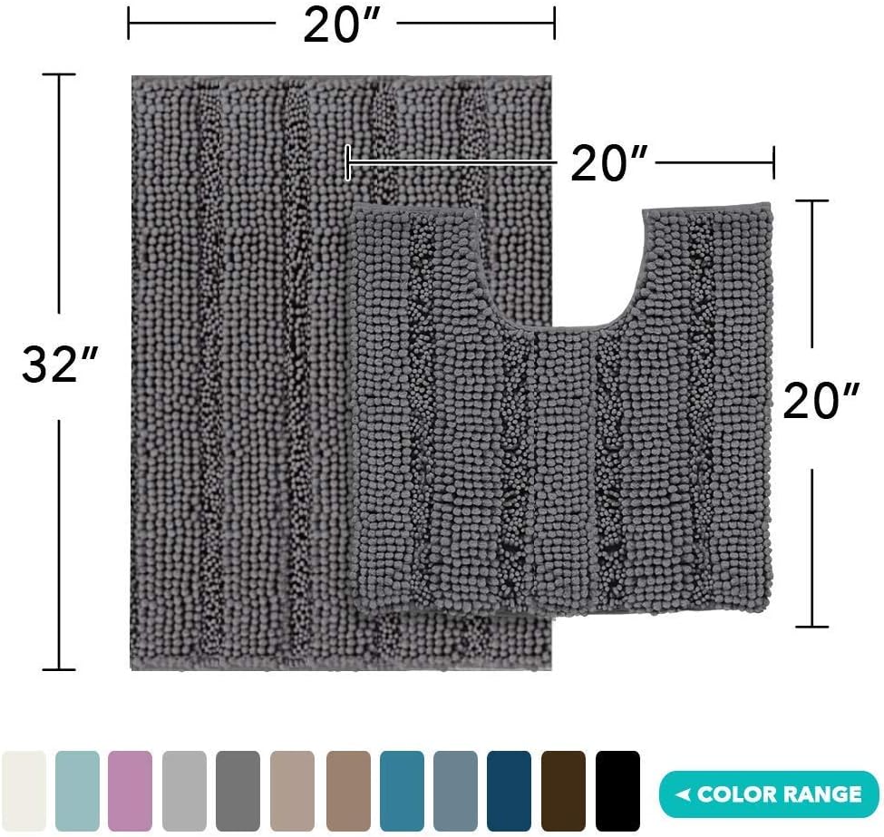 Turquoize Chenille Bath Rug Bundle Order Bath Runner 59" X 20" and Bath Toilet Rug Set 32" x 20"/20" x 20" Gray