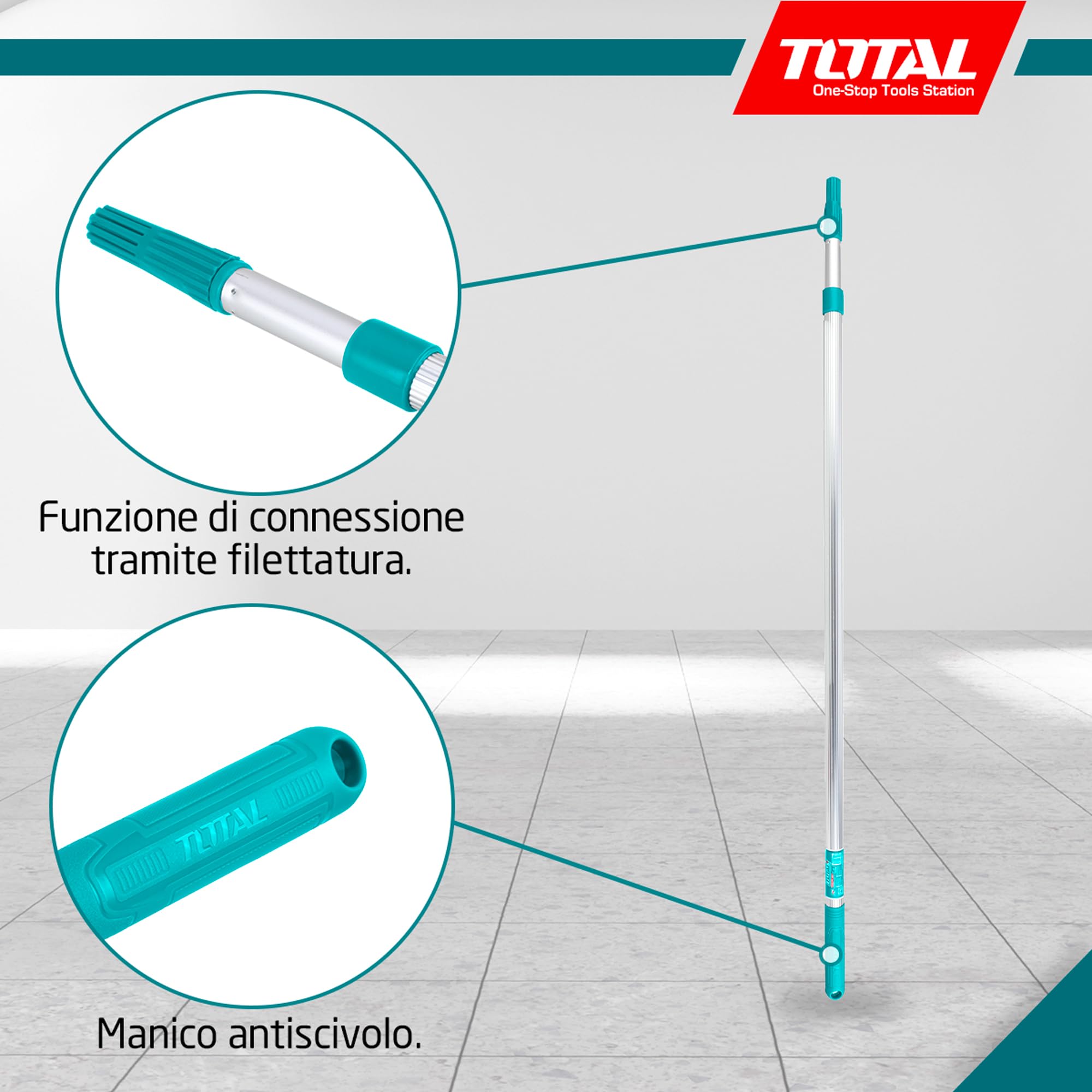 TOTAL - Manico Telescopico in Alluminio - Prolunga per Rullo da Pittura - Lunghezza Regolabile da 110 a 200 cm - 2 Sezioni con Filettatura - Resistente ed Ergonomico - Colore Blu - Rullo Non Incluso