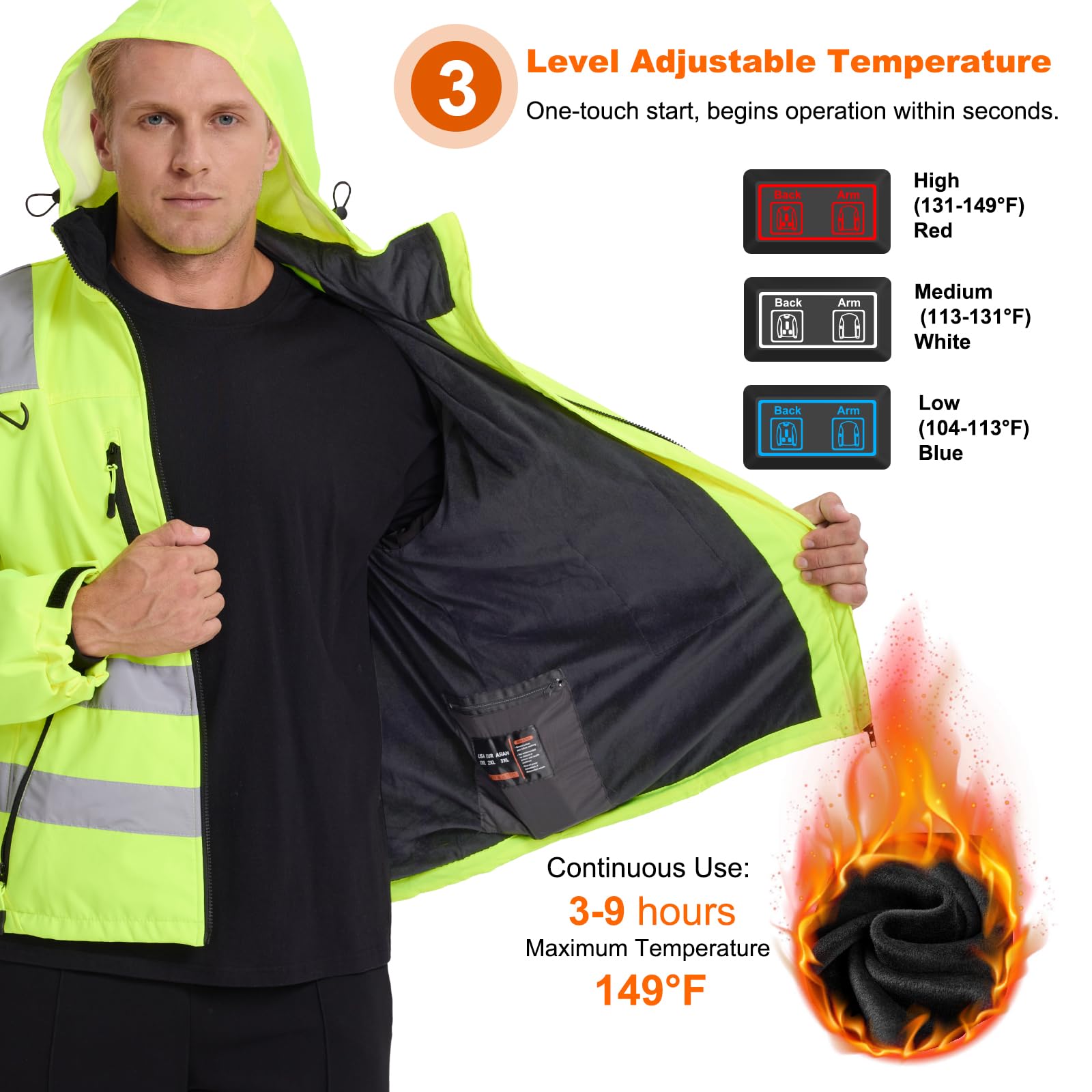 Chaqueta Polar Alta Visibilidad Calentada 4 en 1 para Hombre, Chaqueta de Soldadura Ligera - Batería de 16000 mAh Chaqueta Softshell de Advertencia con 6 Zonas de Calefacción incl Reflectores
