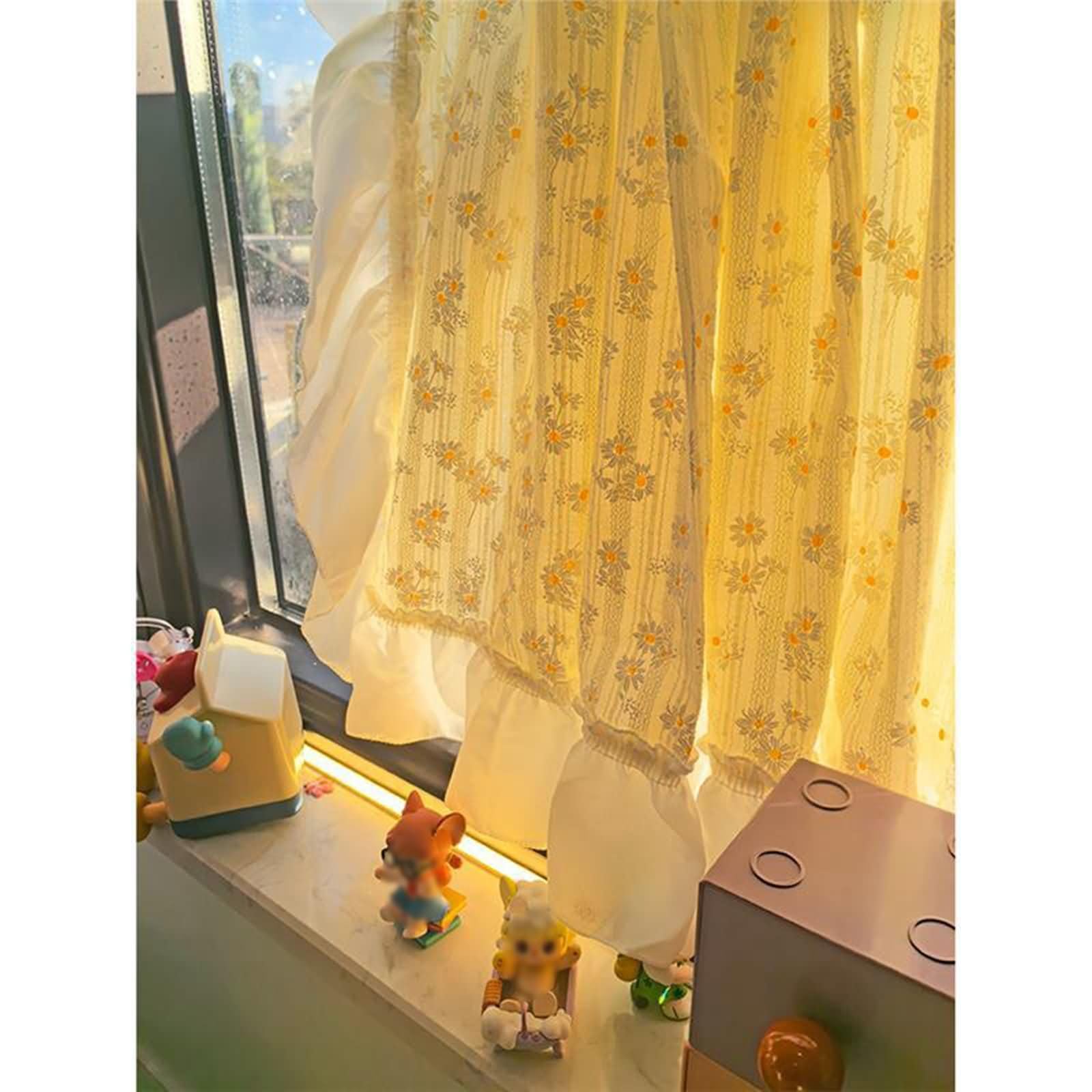 Gardinen 1 Stück Kurz Fenster,140 cm Breit,Rod Tasche | Blumenmuster mit Rüschen,Kuscheliger Flanell,Lichtdurchlässig,Gelb,140 x 60 CM
