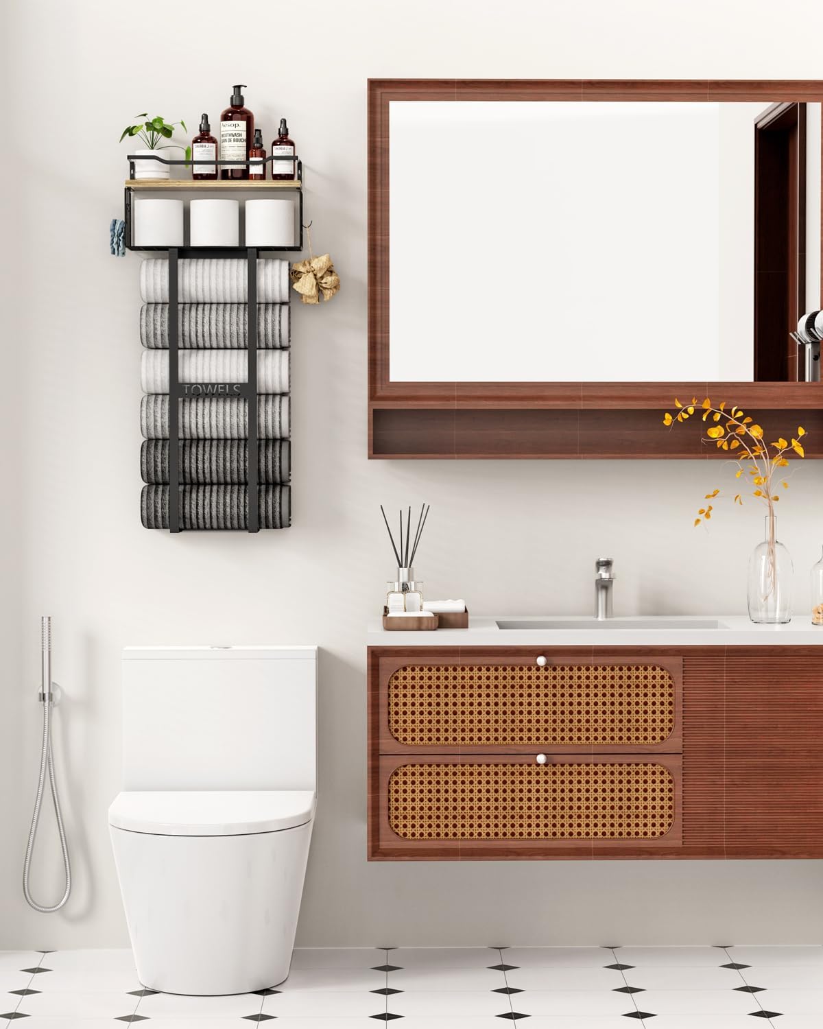 towel racks for bathroom - wall mounted metal rack with wood plank, bathroom storage organizer, towel holder stores 6 large rolled towels easily, black with wood plank black with wood plank xl (31")