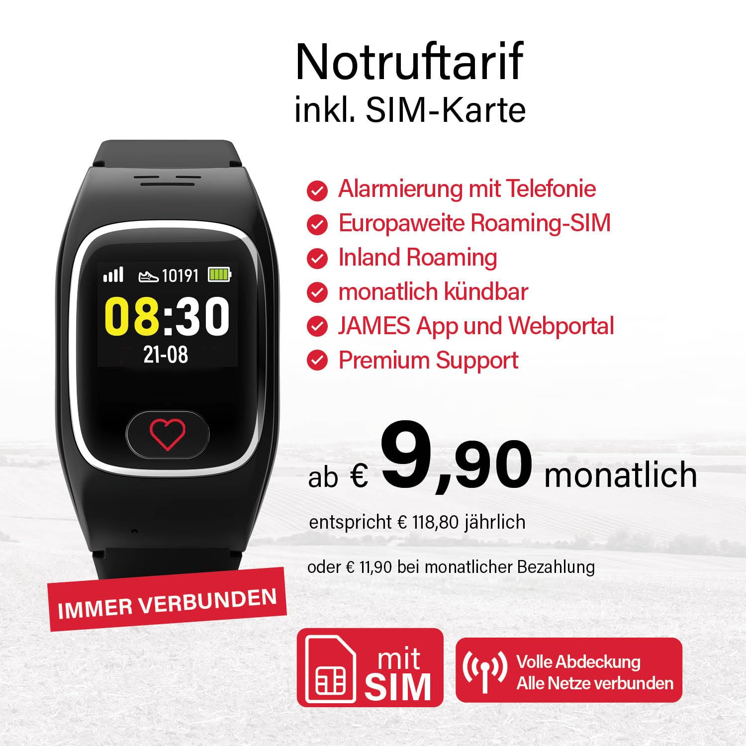 James B6 Notruf- & Sicherheitsuhr für Senioren (Schwarz) mit GPS, Sturzerkennung, SOS-Knopf, Pulsmessung & Gesundheitsfunktionen, Familien-App, lauter Alarm, inkl. SIM-Karte & 2 Gratis-Monate Tarif
