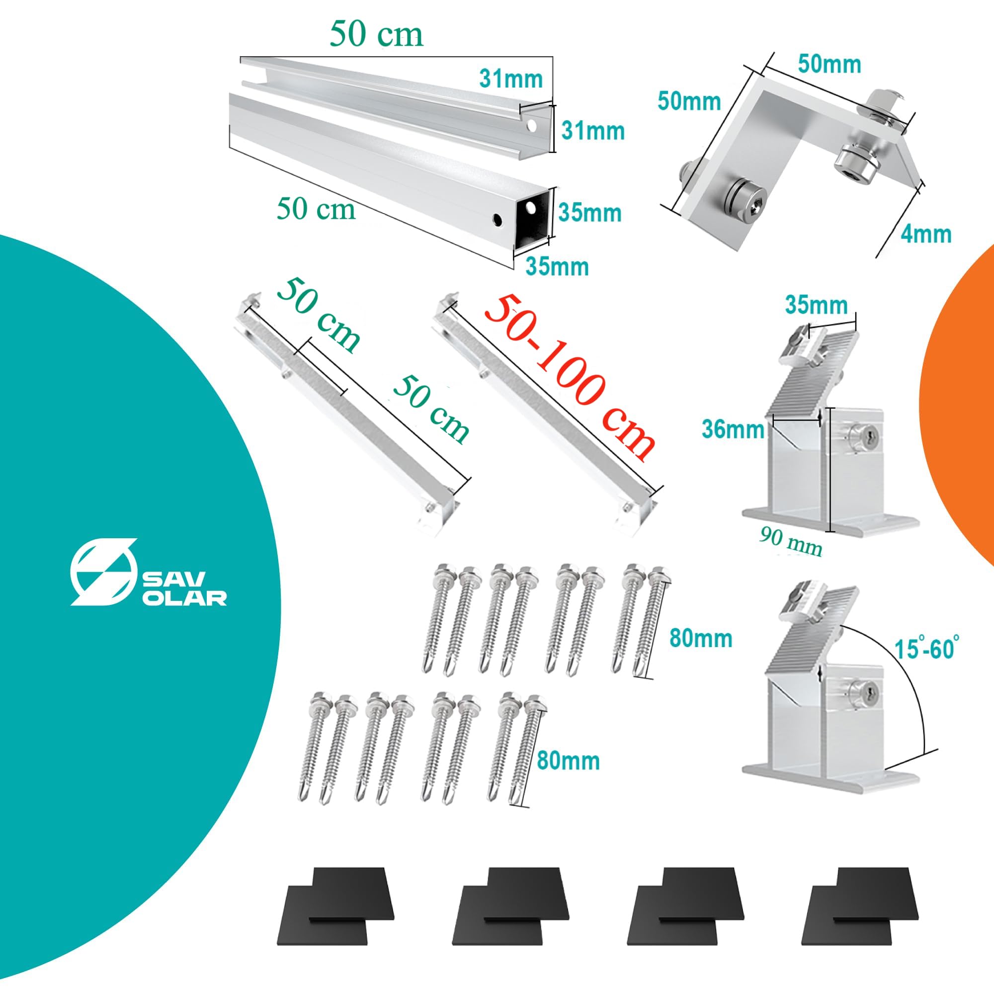 2 Sets SAVOLAR Solarmodul Halterung Balkonkraftwerk Flachdach (15-60°) Winkel Einstellbar, 50-100cm Verstellbar, Balkonkraftwerk Halterung Flachdach Ziegeldach und Wand, Solarpanel Halterung flachdach