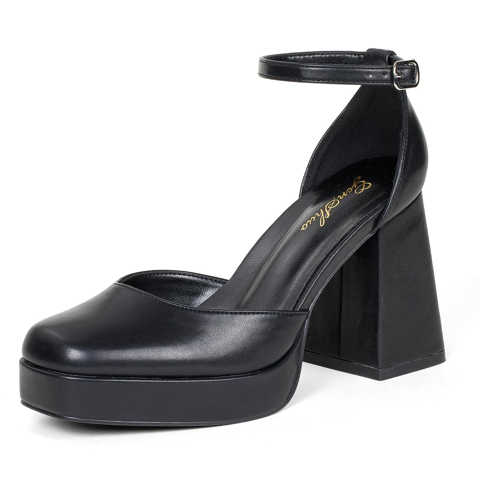 GENSHUO Women's Platform Chunky Heel Pumps - 4 Inches Closed Square Toe Heels with Ankle Strap Dress Wedding Party Shoes