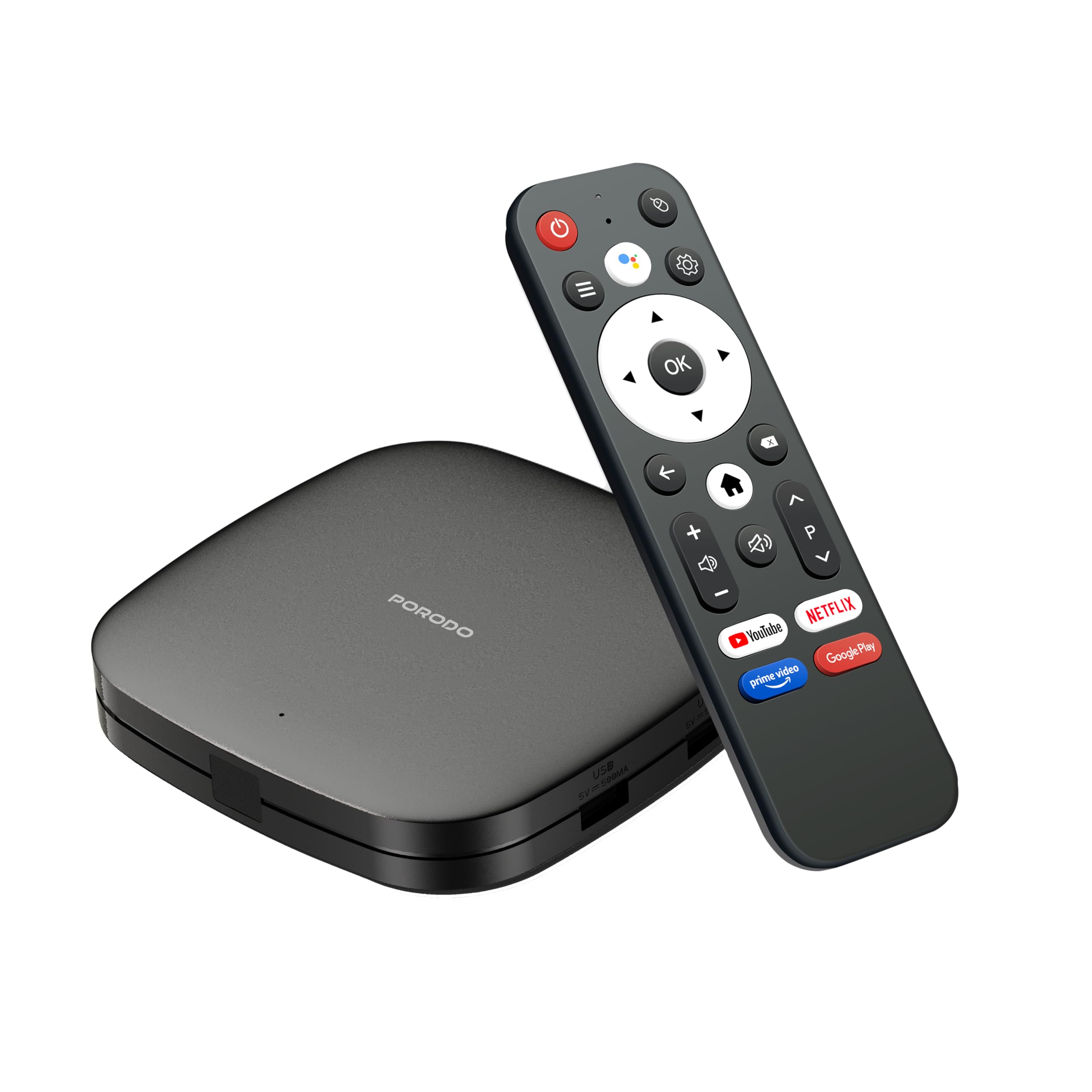 Porodo Android TV Box, 1080P Full HD Streaming Device Android TV 9.0, Dual Band Connectivity, 5G WiFi, Voice Support Bluetooth Remote Control, 2GB RAM/8GB ROM, HDMI/USB/LAN/AV Out (Black)