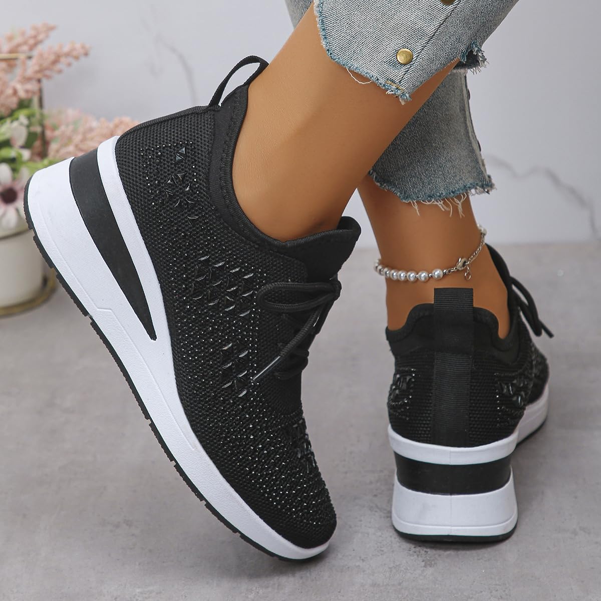 Donna Glittery Rhinestone Fashion Breathable Wedge Sneakers, Sparkly Platform Trainers Lightweight Comfy Slip On Walking Shoes, rosa., 40 EU