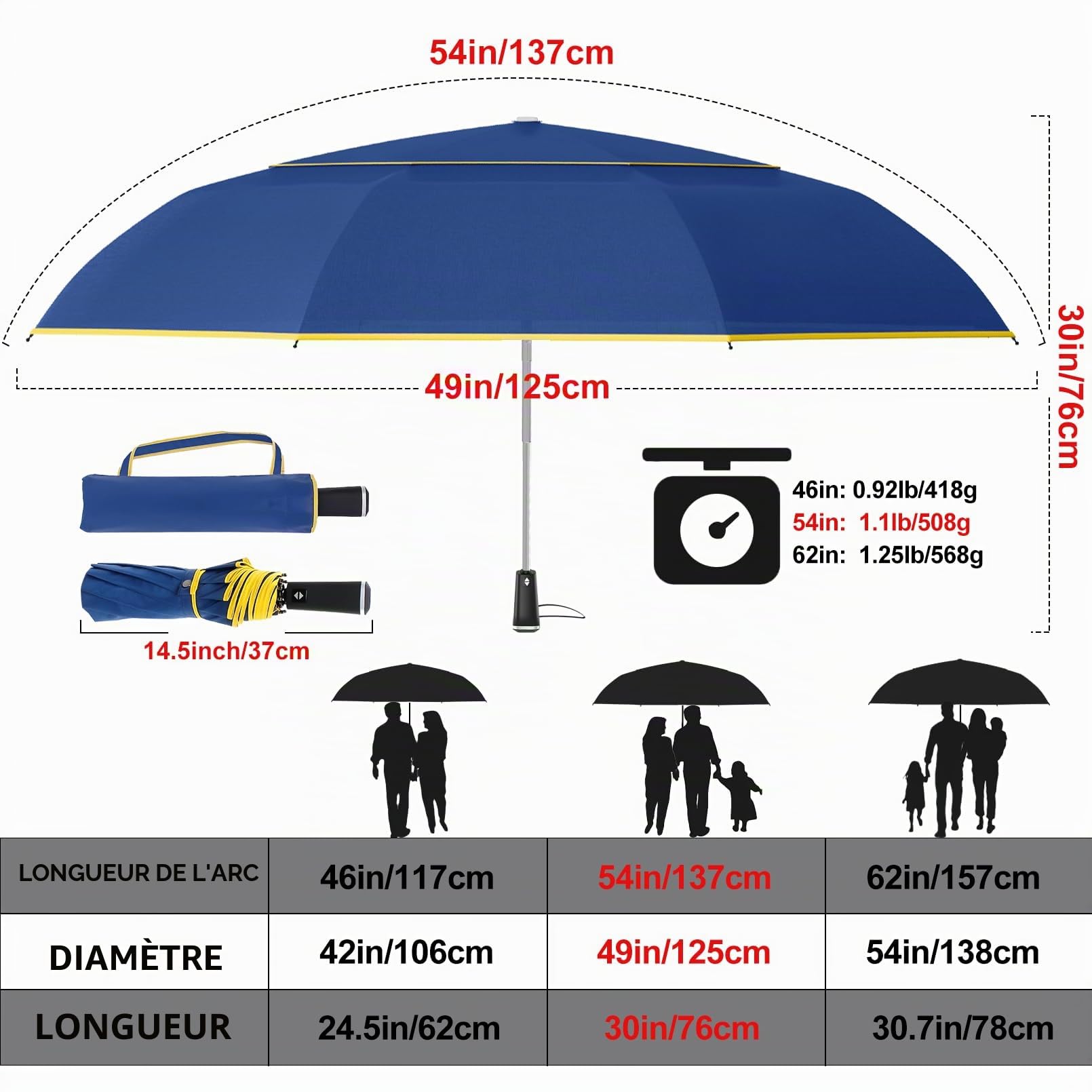 Satol Parapluie de Golf - Ouverture Automatique 10 Rayons, Double Toile, Protection UV, 54 Pouces Pliable Compact Paraplui avec Bandes Réfléchissantes, Convient à 2-4 Personnes (Bleu)
