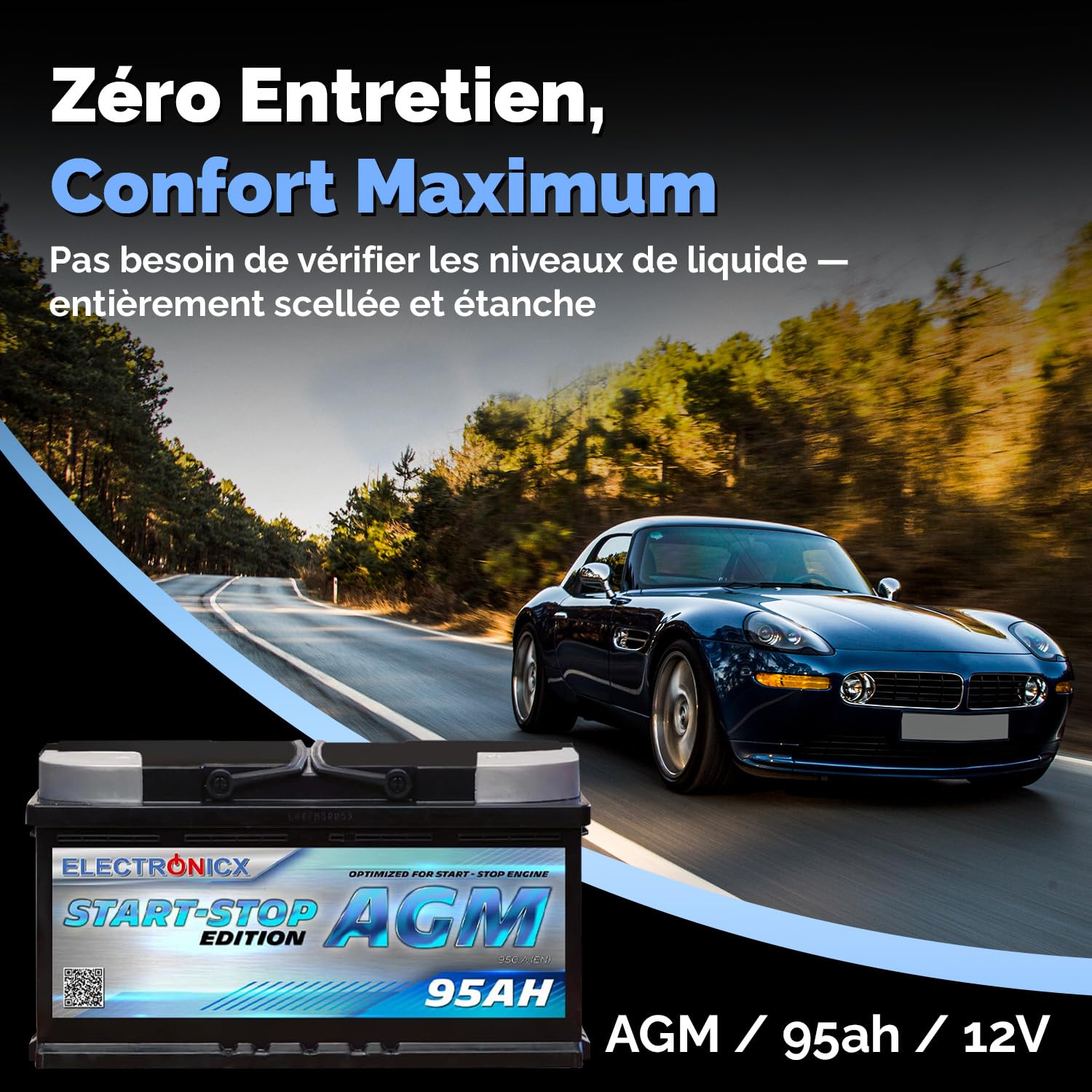 Electronicx Batterie Voiture AGM 95Ah 12V – 950A EN, 95 ah Batterie de Démarrage Start-Stop, Scellée, Résistante aux Vibrations, Batterie Haute Performance pour Véhicules, Fiable et Robuste