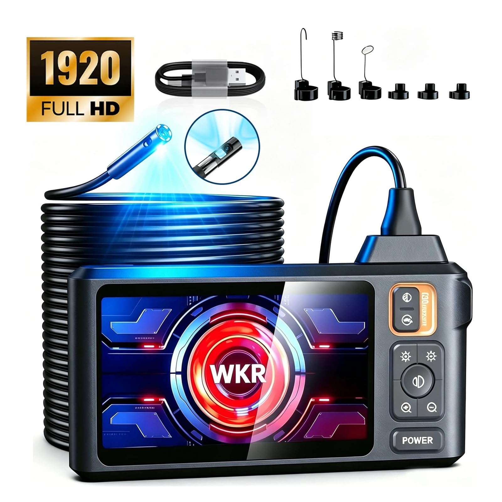 Cámara endoscópica de Doble Cabezal 1920P IP67 Resistente al Agua, Pantalla IPS de 4,3 Pulgadas, boroscopio de inspección de alcantarillado con Cable semirrígido de 16,4 pies(2M)