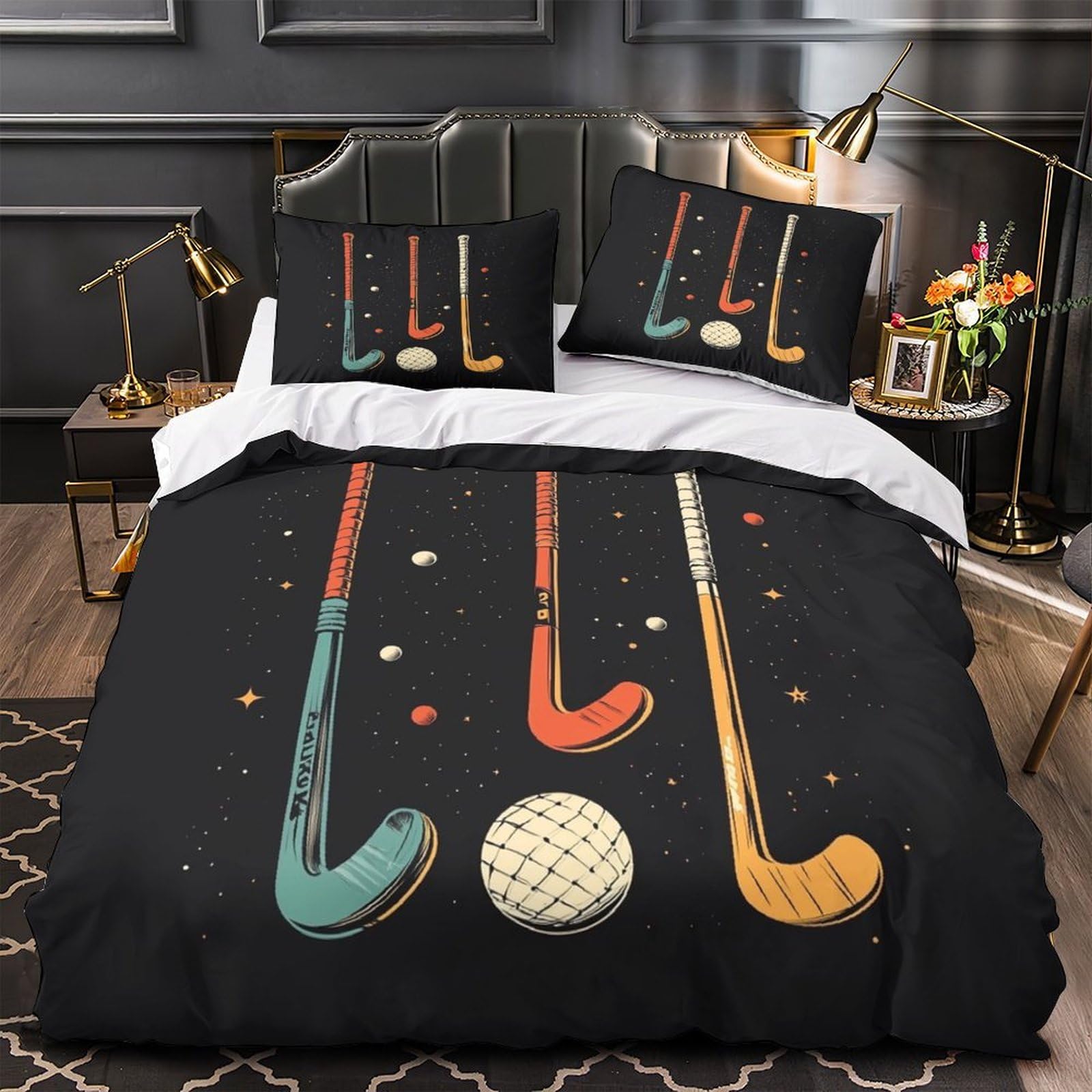 Qiavxzip Boys Xzbte68dxyy6 Field Hockey Sticks 3D Print 3 Piece Set Duvet Cover Vintage Sport Illustration Quilt Cover 3D Printed Silky Soft Microfiber Invisible Zipper For Girls Adults Single（140X200cm）