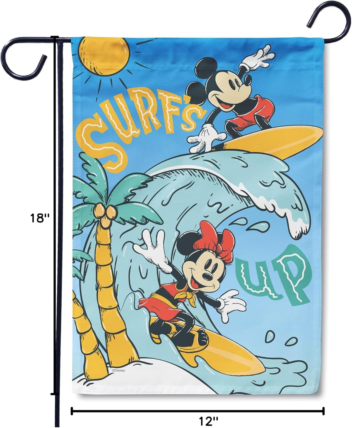 Flagology, Disney Surf's Up Mickey and Minnie Summer Garden Flag 12" x 18", Outdoor Flag, Exclusive Premium Fabric, Officially Licensed Disney, Outdoor Décor