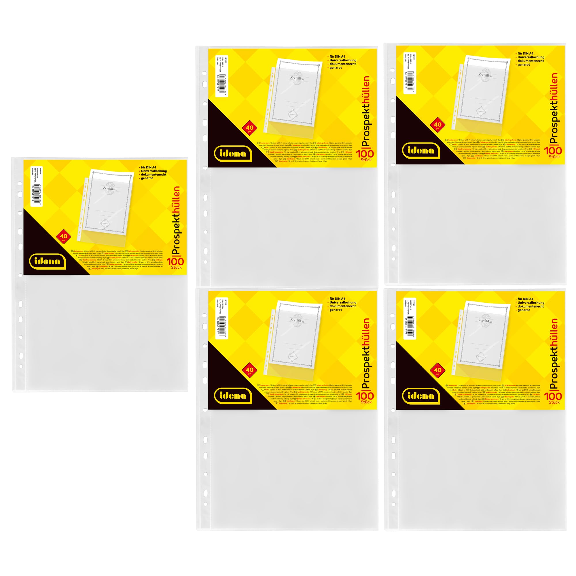 Idena 90371-500 unidades bolsillos transparentes A4 granulados, bolsillos para folletos de plástico de 40µ, a prueba de documentos, láminas transparentes con perforación universal