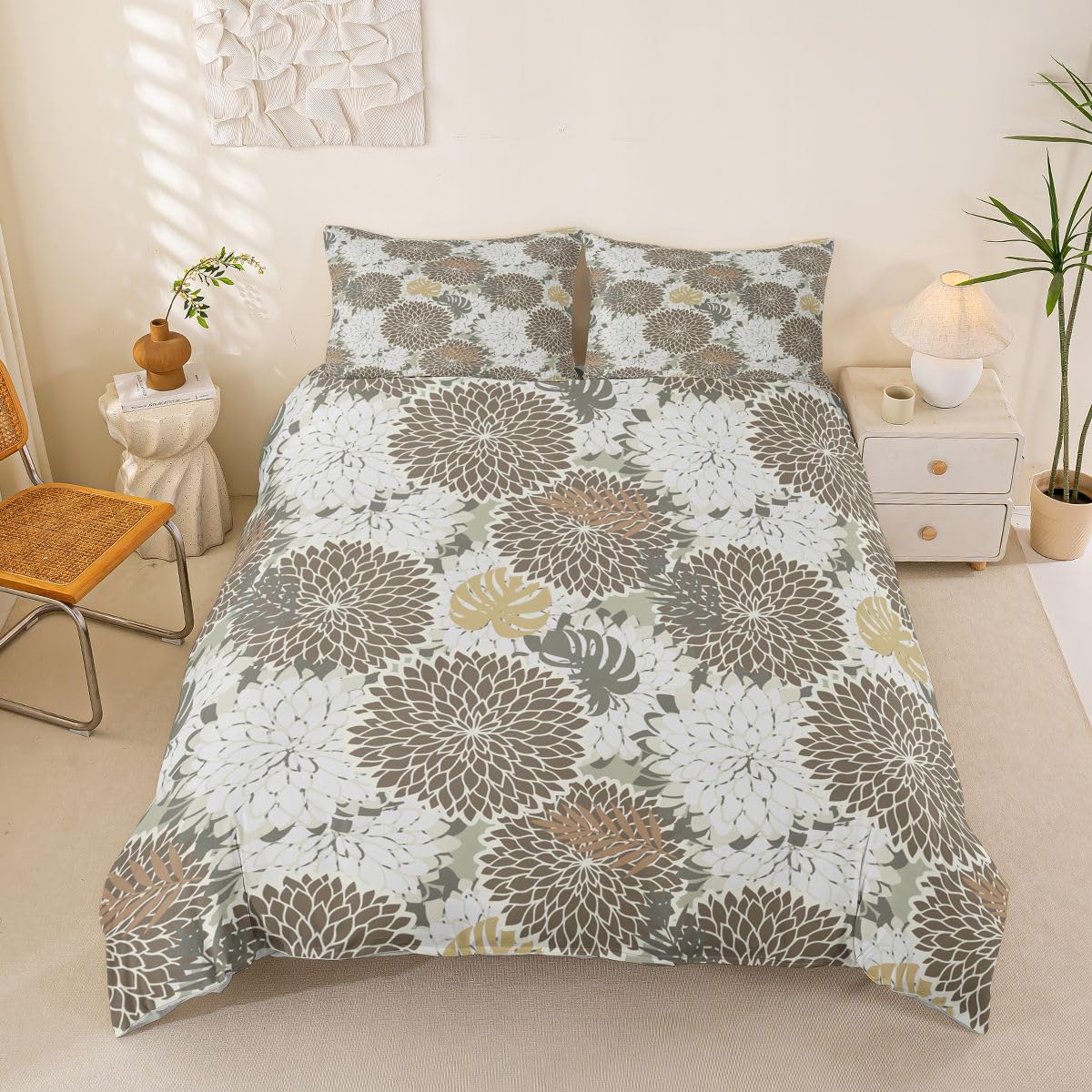 Housse de couette 200x200cm rétro floral vintage avec ses deux taies d'oreiller en microfibre douce