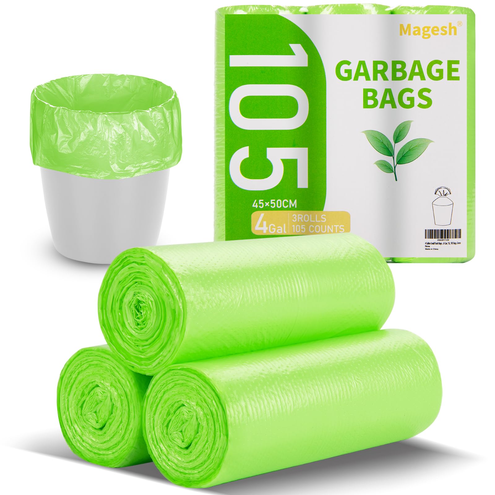 Magesh 105 Count 4 Gallon Small Trash Bags, Green, Transparent, Durable, Leak-Proof, Unscented, Easy to Use, Versatile, Outstanding Customer Service