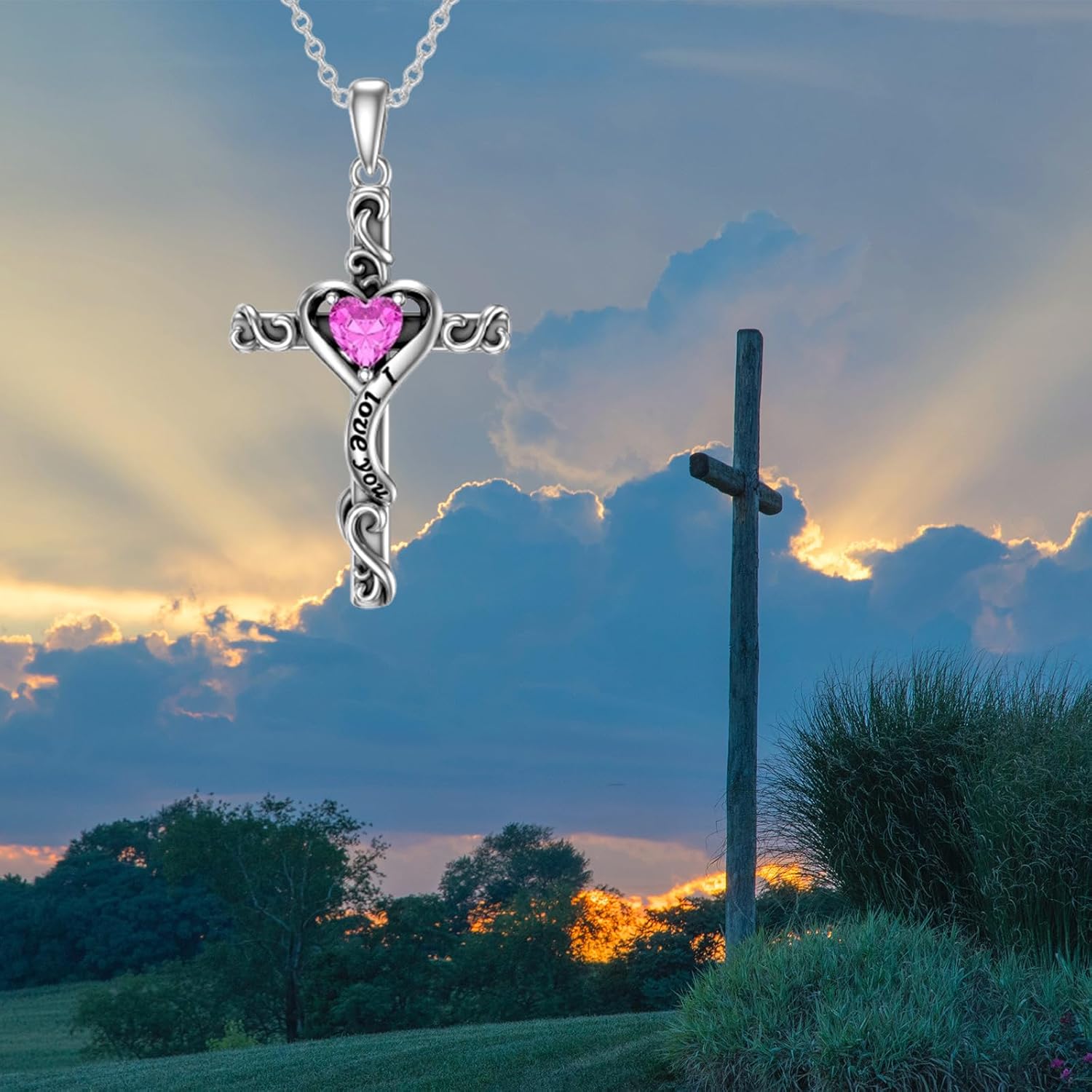 TOUPOP Valentines Day Gifts for Her Birthstone Cross Necklace for Women 925 Sterling Silver Heart Cross Pendant I Love You Jewelry Anniversary Birthday Gifts for Wife Girlfriend Mom - Image 4