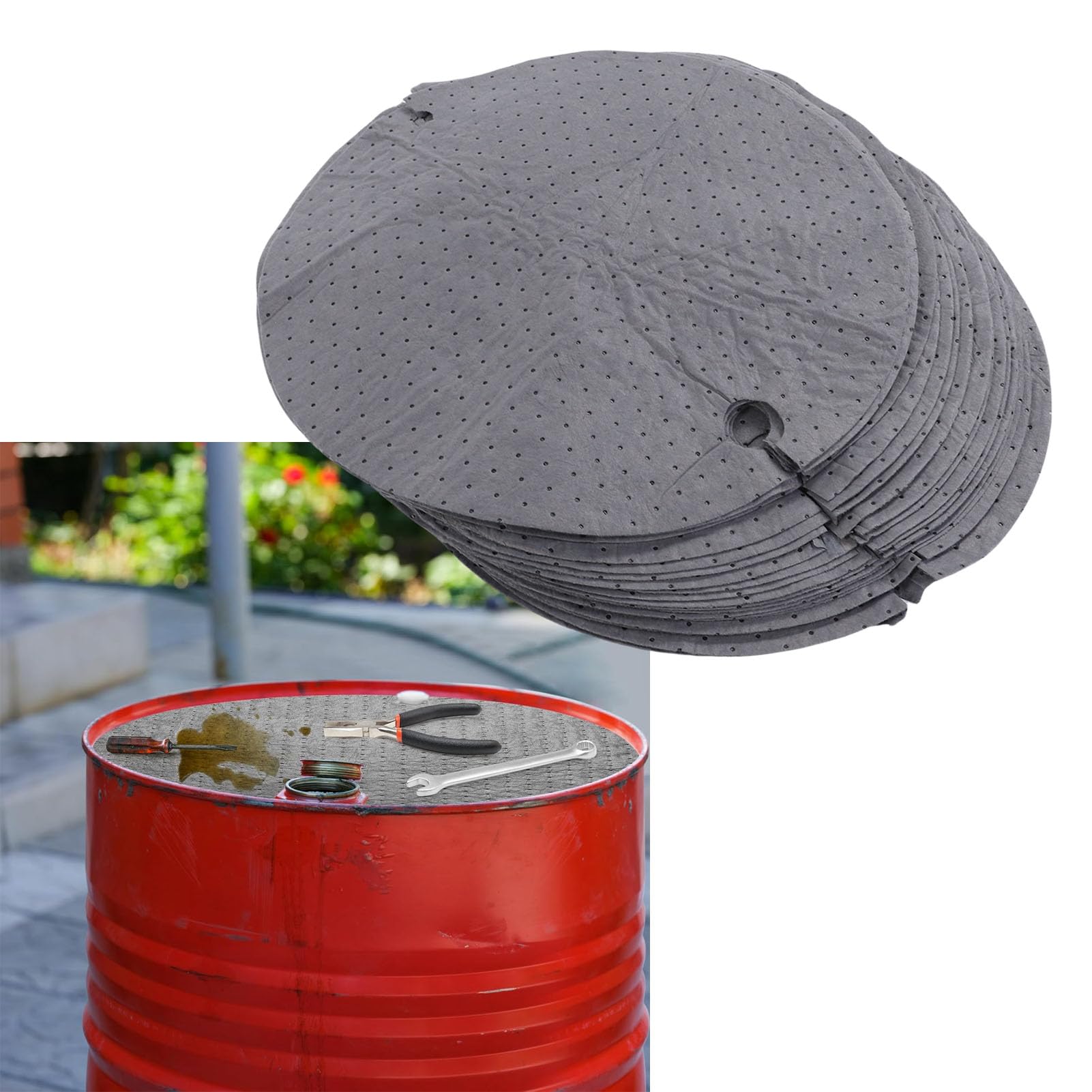 Naroote 25 Tapis Absorbants pour Dessus de Fût, Tapis Absorbants Rapides de 21 Pouces de Diamètre avec Conception à Trous en, pour Fûts de 55 Gallons, Ateliers, Sous-sols