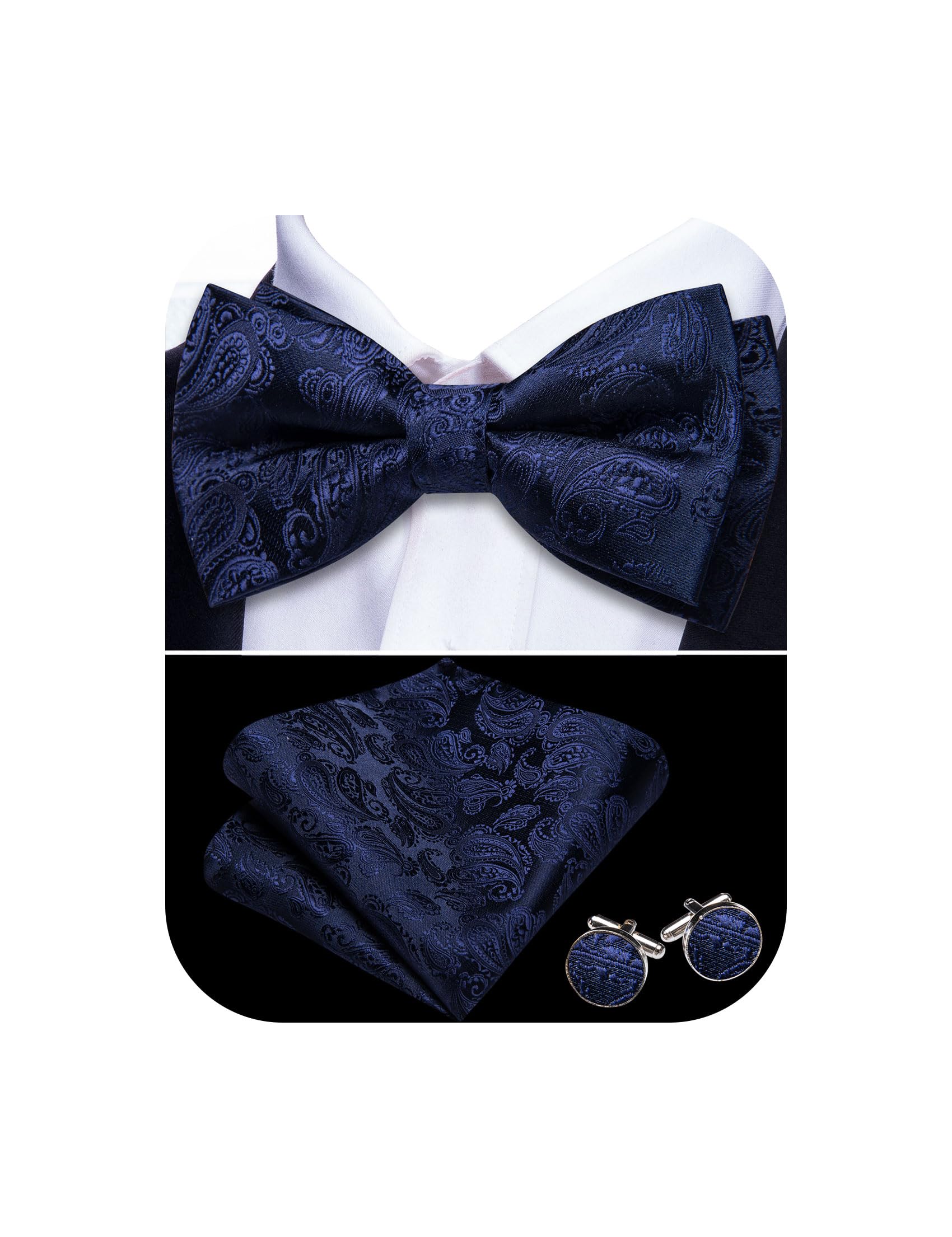 Barry.Wang Paisley Striped Bow Tie for Men Silk Pre-Tied Bowtie Pocket Square Cufflinks Set Formal Wedding Party Prom