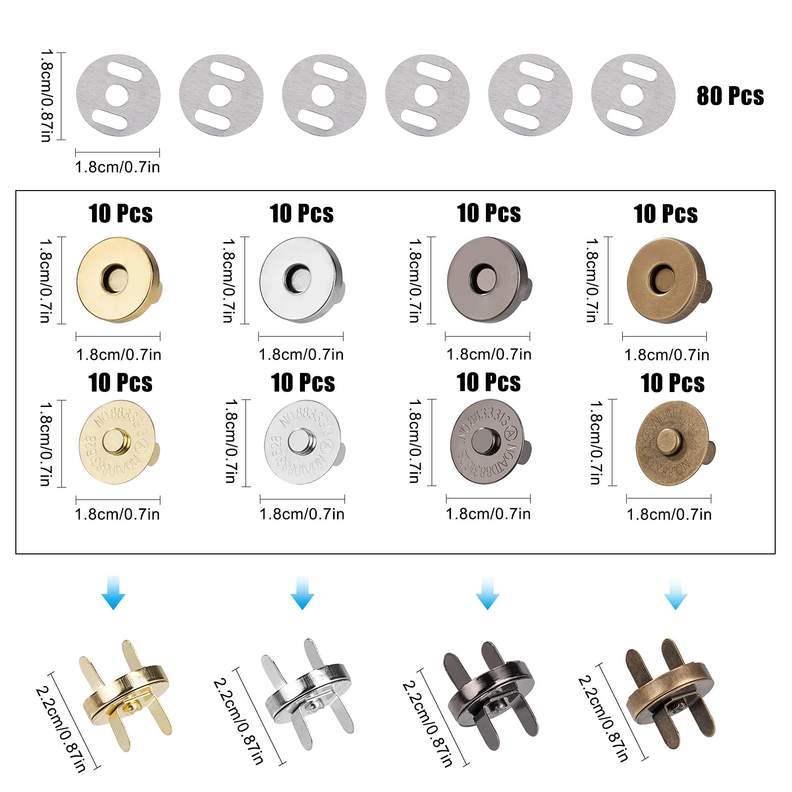 40 Bottoni A Pressione Magnetici In Metallo – 18 Mm – Per Vestiti, Borse, Giacche – 4 Colori