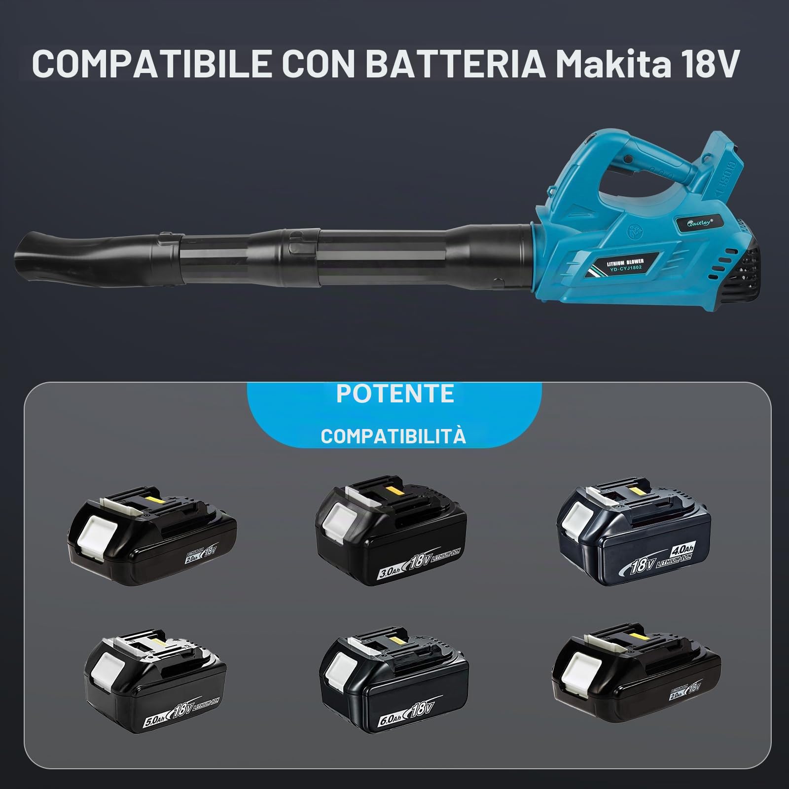 Waitley Soffiatore per batterie Makita 18V per la cura del prato e la manutenzione del giardino - 297 km/h Senza Batteria e Caricabatterie