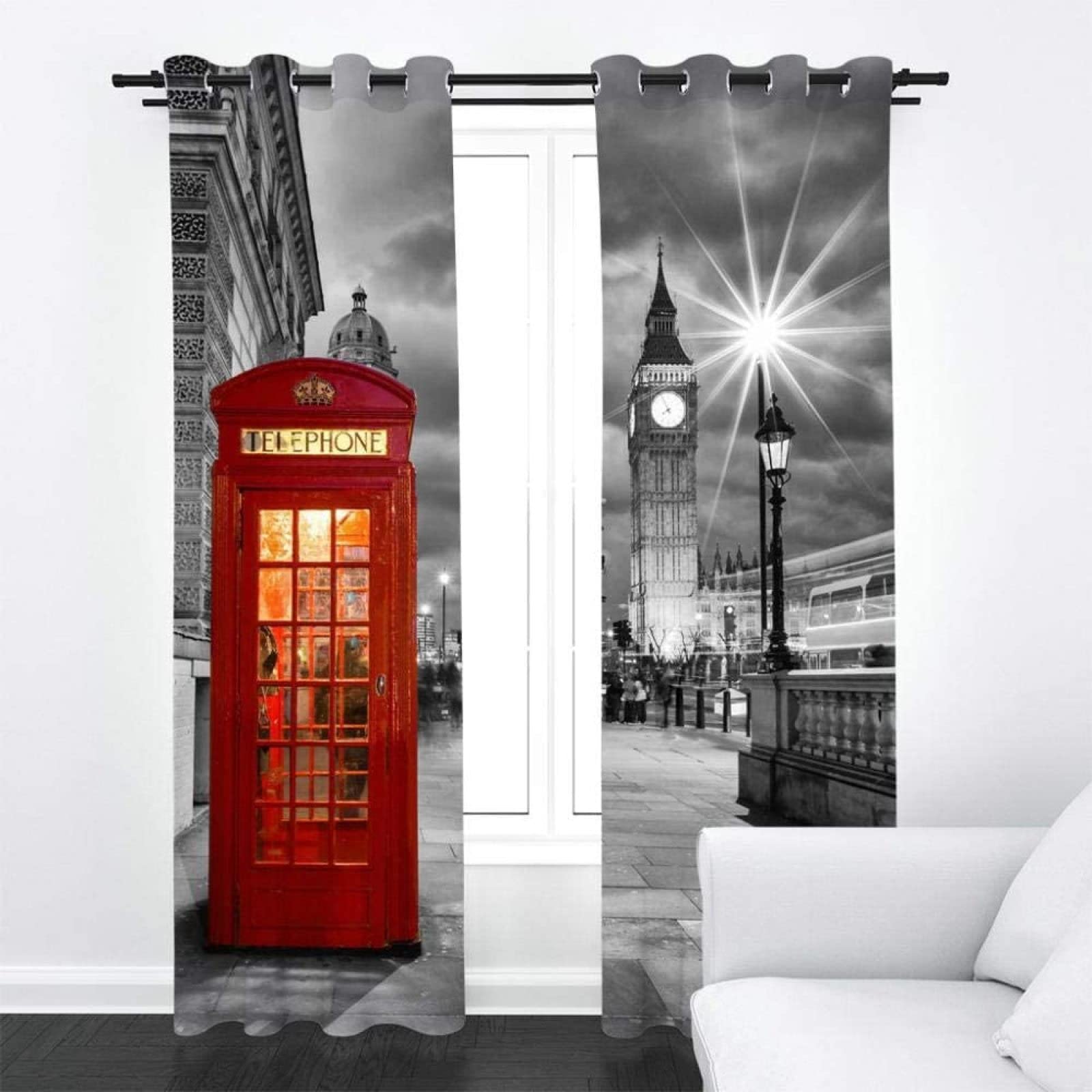 Lot de 2 Rideau Royaume-Uni. Rideaux Occultants 91.5x214 cm Londres Imprimé 3D Draperies Ntérieurs Rideaux de Fenetre Isolant Thermique Décoration Rideaux pour Chambre Salon