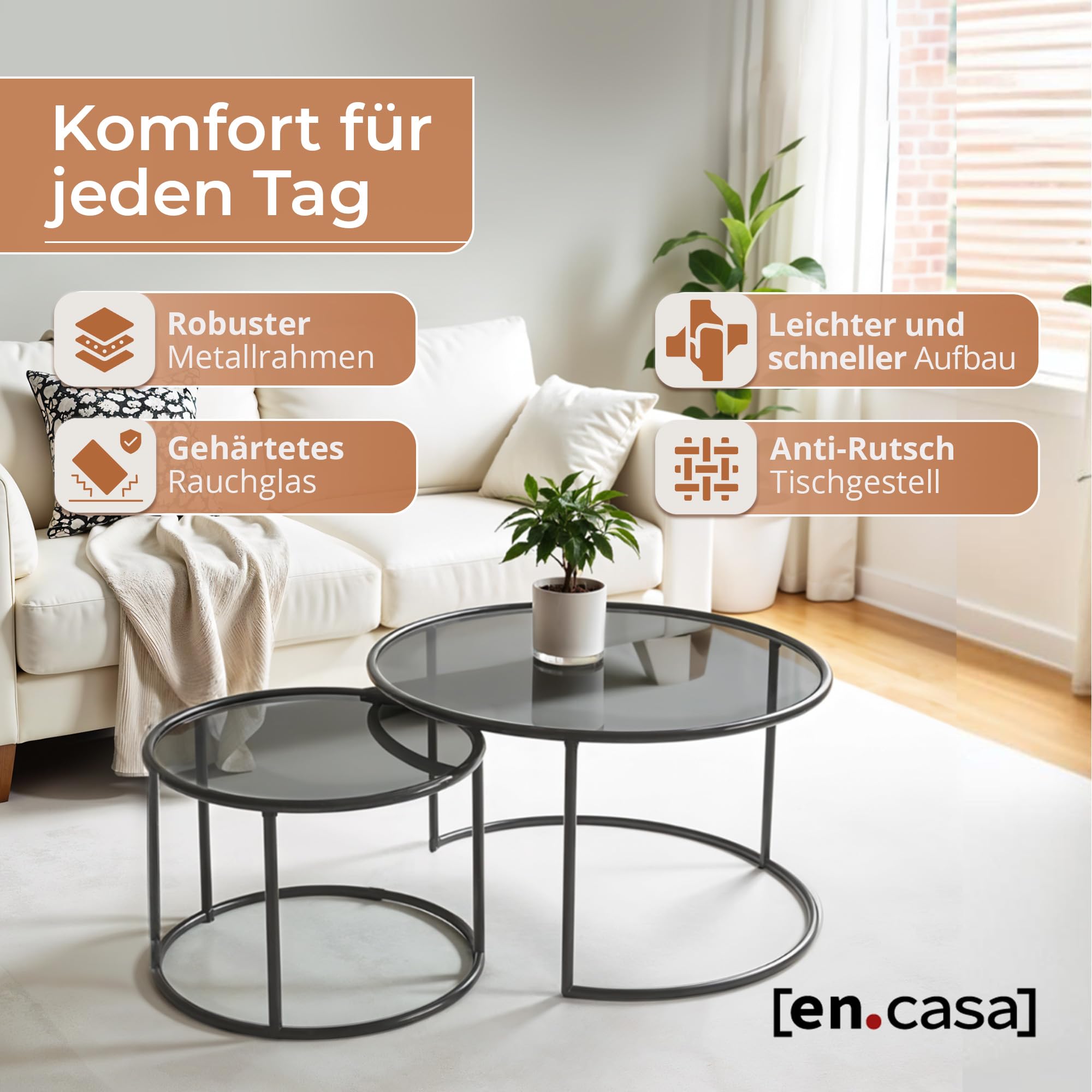 [en.casa] Couchtisch Kokkola 2er Set Wohnzimmertisch rund Beistelltisch Schwarz Tischplatte aus Glas Kaffeetisch Metallgestell Satztisch Sofatisch Rauchglas