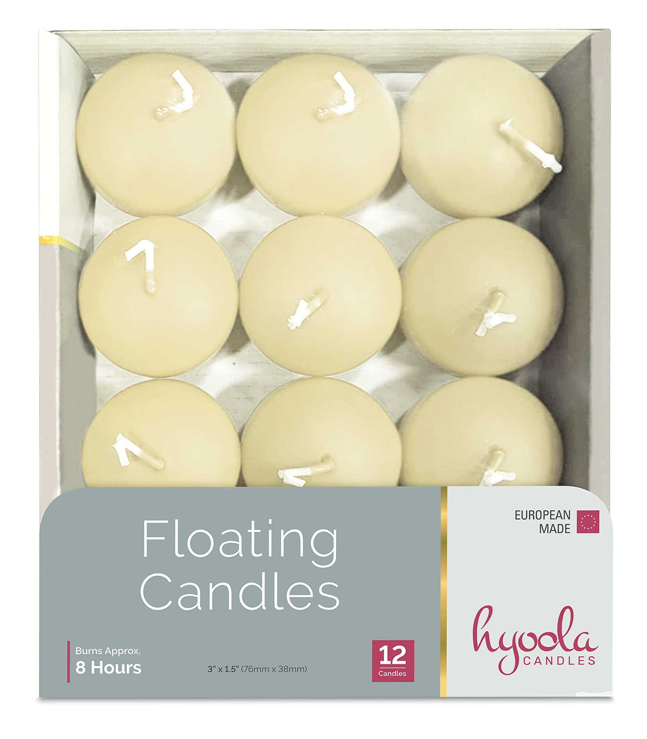 Hyoola Velas Flotantes Agua Premium Marfil - Velas Decorativas Paquete de 24 - Velas Larga Duración, 8 Horas de Combustión - 75 mm - Hecho en Europa