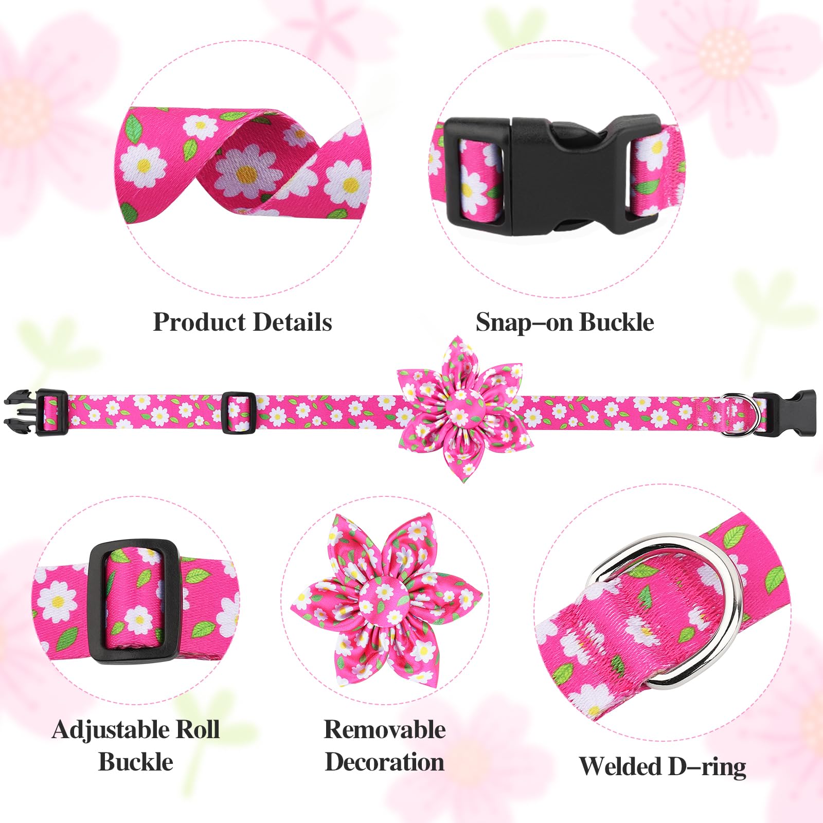 BiPawTi Medium Dog Collar Pink Flower with Bloom Decoration, Soft Floral Girly Dog Collars - Image 3