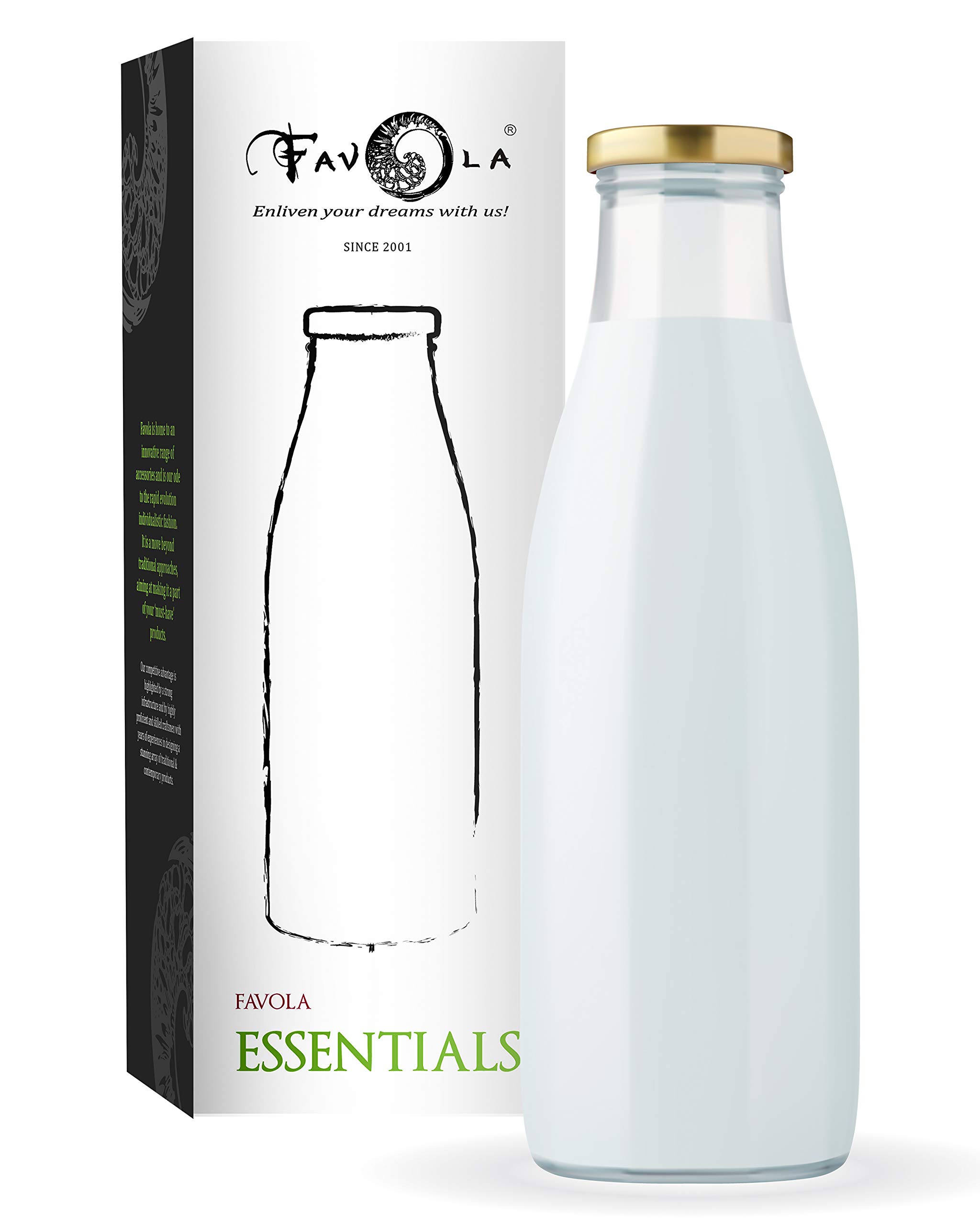 Favola Glass Milk, Water and Juice Bottle with Air Tight Cap, 1 Litre, Clear