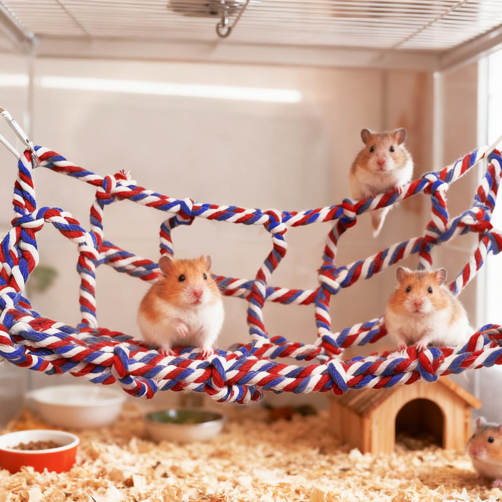 Lot de 2 Filets d’Escalade colorés en Coton pour Petits Animaux – Accessoires pour Cage de Rat avec 4 Crochets – hamac pour Rat, Perroquet, Hamster et Furet – Filet Suspendu Durable et Lavable