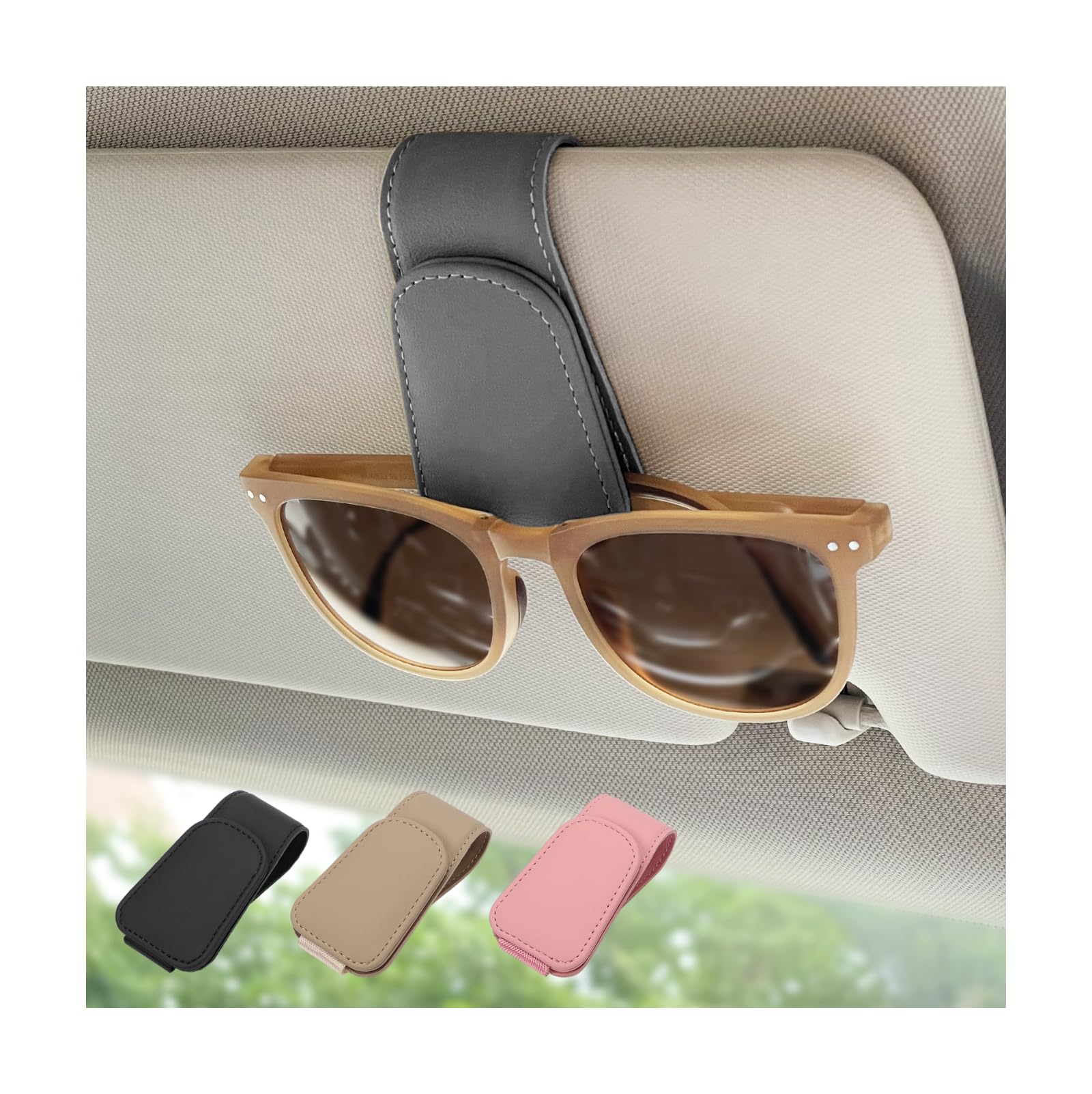 Paquete de 2 soportes magnéticos de cuero para lentes de sol, clip para colgar lentes para visera de coche, adecuado para lentes de diferentes tamaños (gris, paquete de 2)
