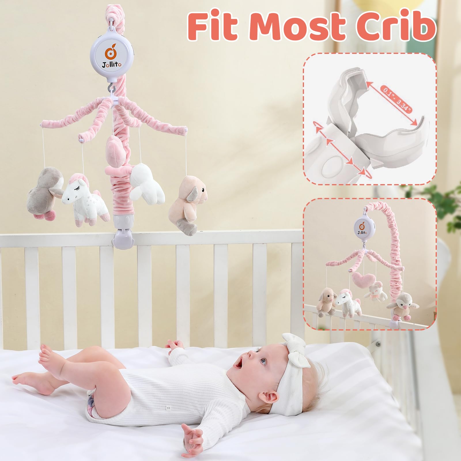 Móvil de cuna para niñas, móvil musical rosa suave para cuna con 12 canciones de cuna, brazo giratorio y juguetes de animales de peluche desmontables, decoración de guardería, móvil de bebé 3