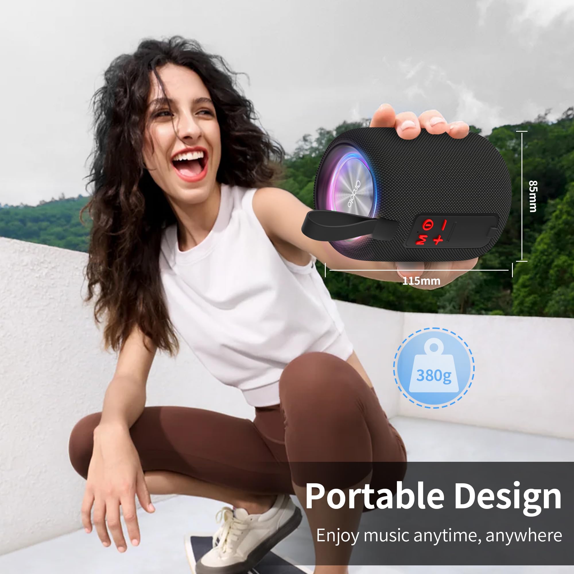Oraolo Bluetooth Speaker,Portable Bluetooth Speaker with Immersive Sound, Dynamic LED Lights, Bluetooth 5.4, IPX6 Waterproof, 8H Playtime, TWS Pairing for Speakers for Outdoor Camping Home(Black) — view 8