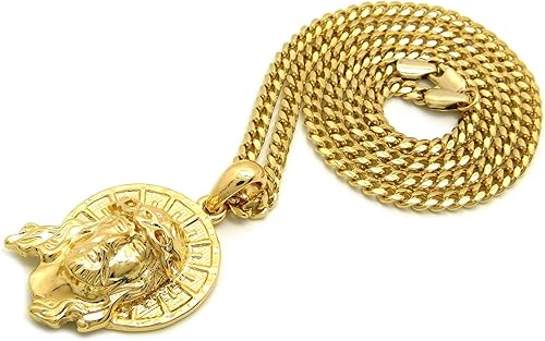 Miniatura 4 de Fashion 21 Halo Jesus Face - Colgante de 24 pulgadas, caja, cuerda, collar de cadena cubana en tono dorado