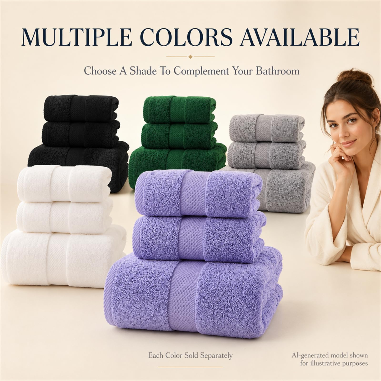 Juego de 3 toallas de baño de algodón de 800 g/m², color negro, talla única