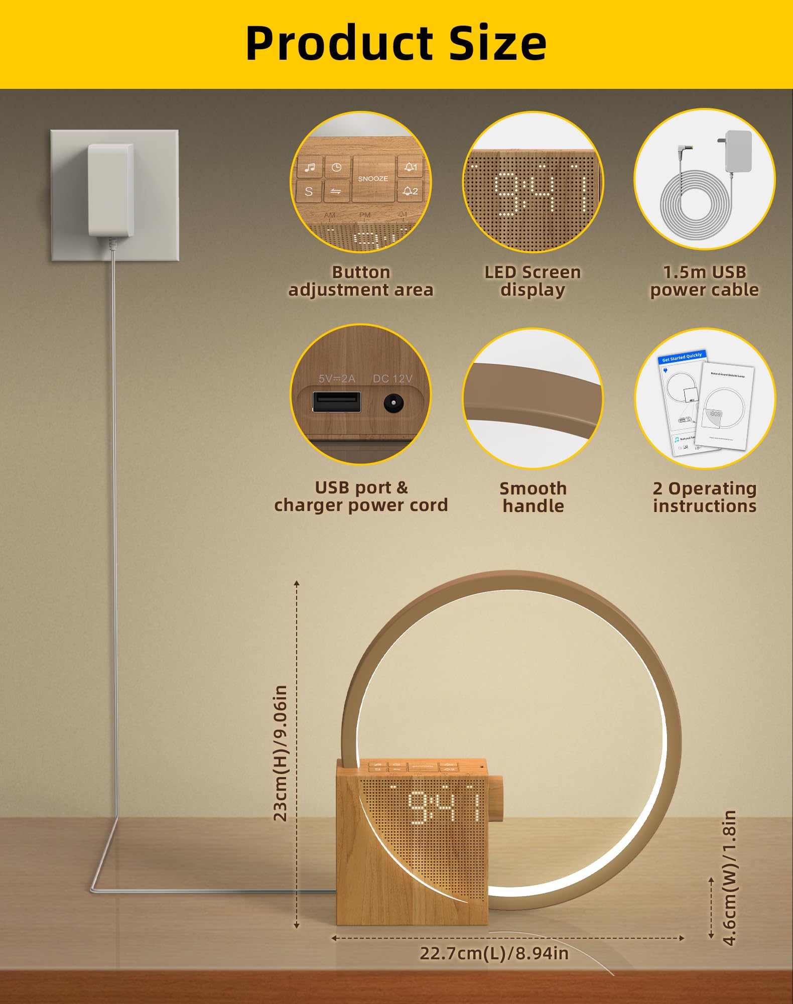 Lampe de Chevet LED avec Réveil, Wake up Light, USB, 3 Modes d'Éclairage, 10 Sons Naturels, Bois