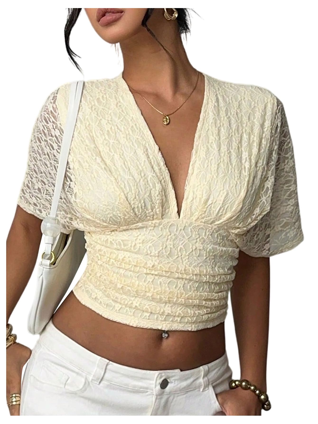 Amazon.com: MakeMeChic Women's Deep V Neck Tops Cinched Waist
